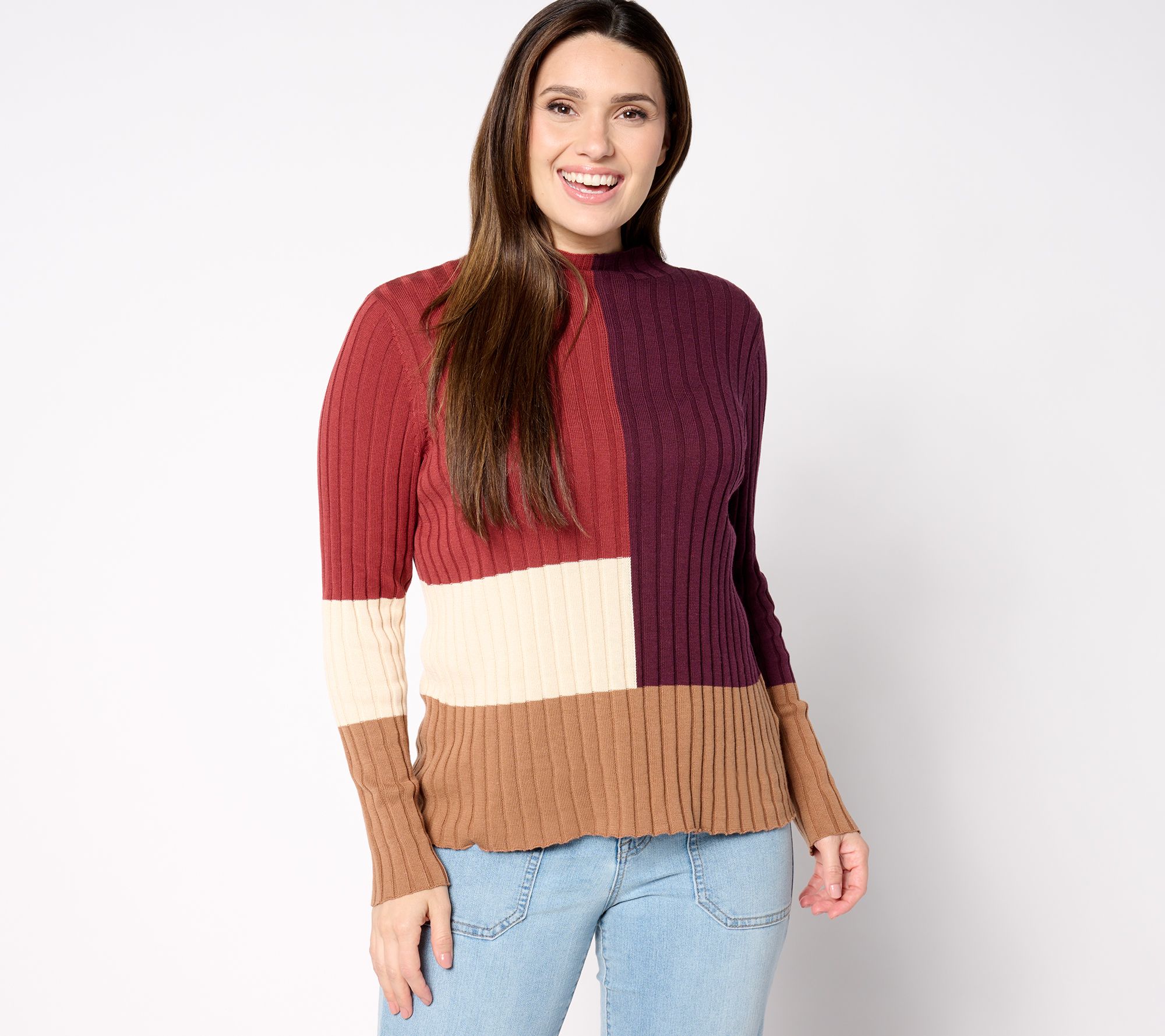 "As Is" Belle by Kim Gravel Colorblock Rib Mock Neck Sweater