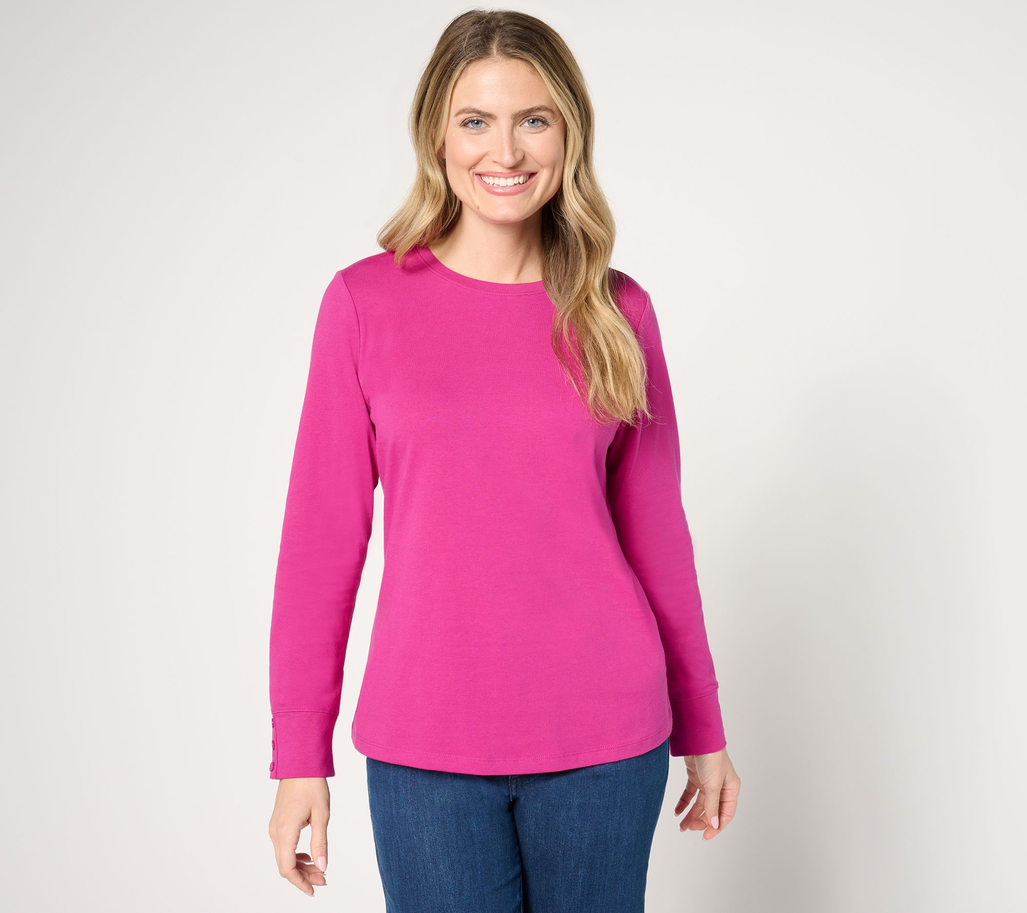 Denim & Co. Essentials Perfect Jersey Crew Neck Top w/ Button Cuff