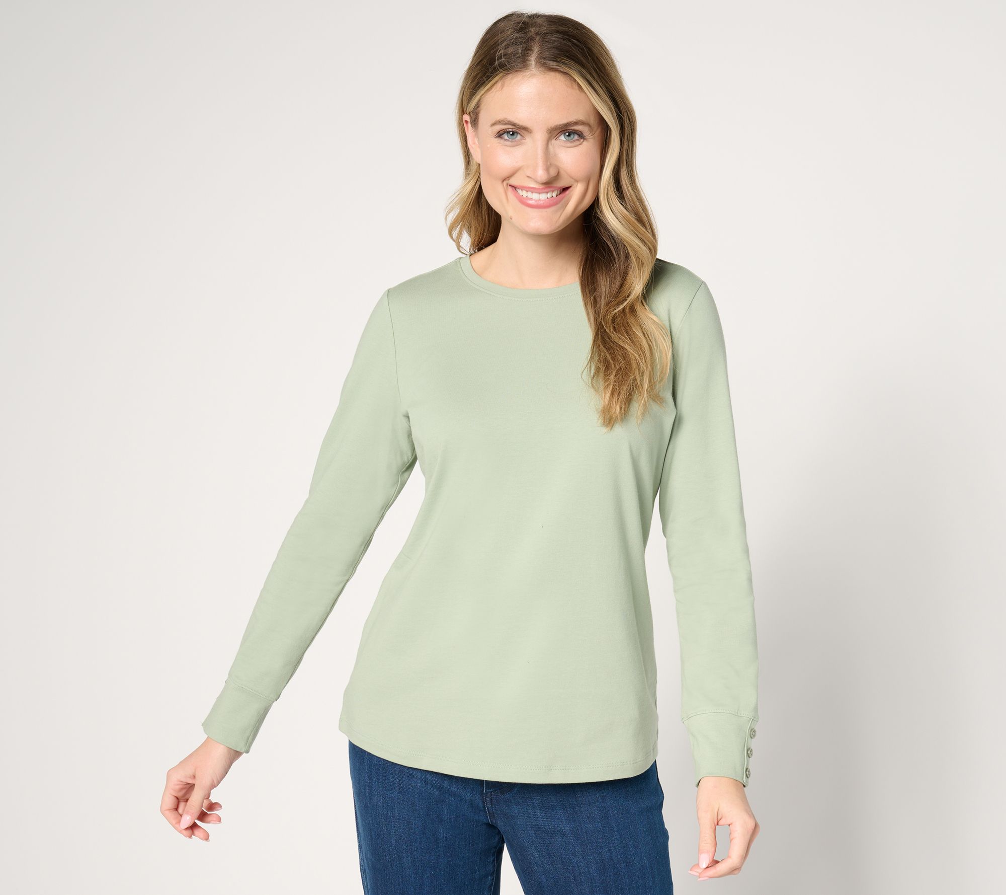 Denim & Co. Essentials Perfect Jersey Crew Neck Top w/ Button Cuff