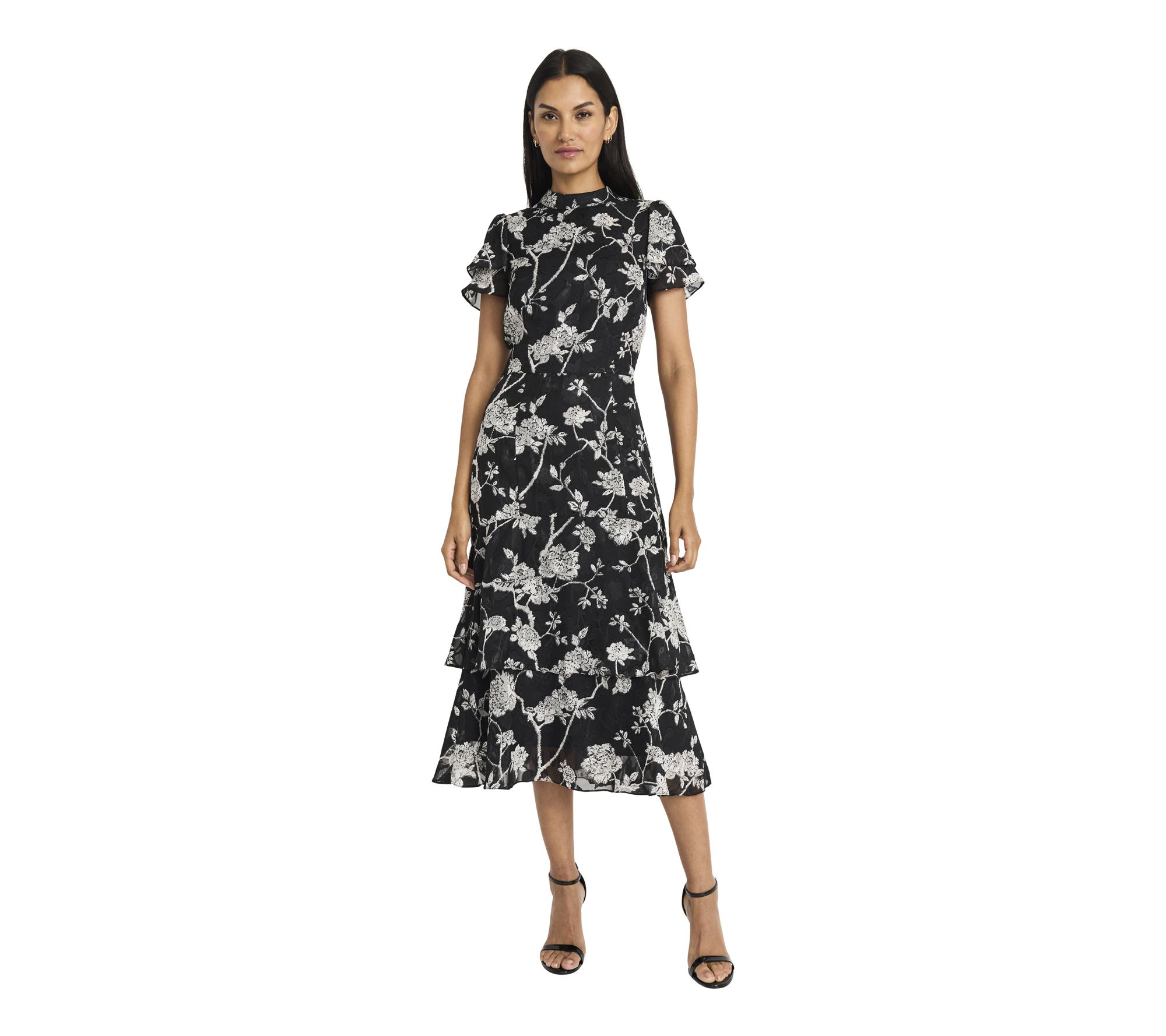 Maggy London High-Neck Ruffle Midi Dress with S hort Sleeves