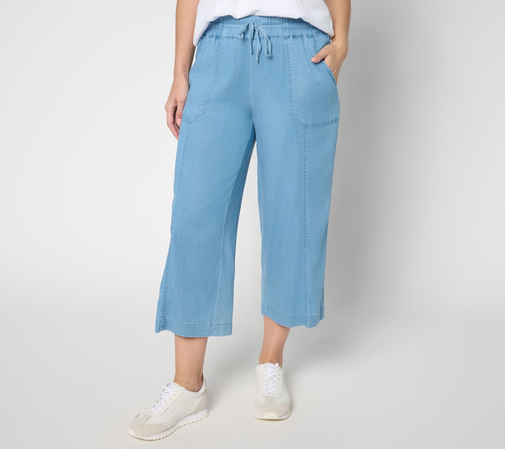 AnyBody Petite Drapey Denim Cropped Wide Leg Pull On Pants