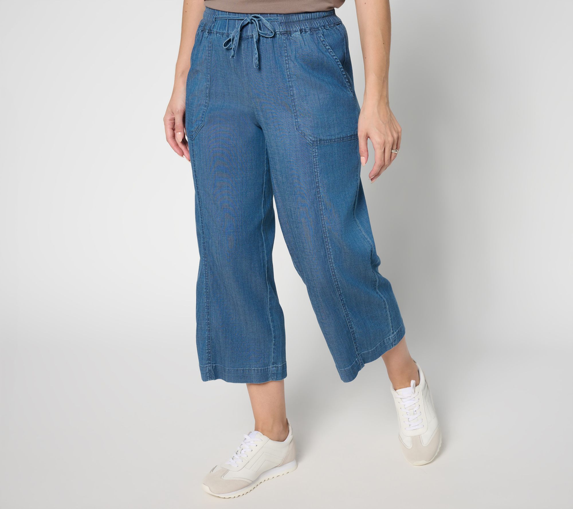 AnyBody Petite Drapey Denim Cropped Wide Leg Pull On Pants
