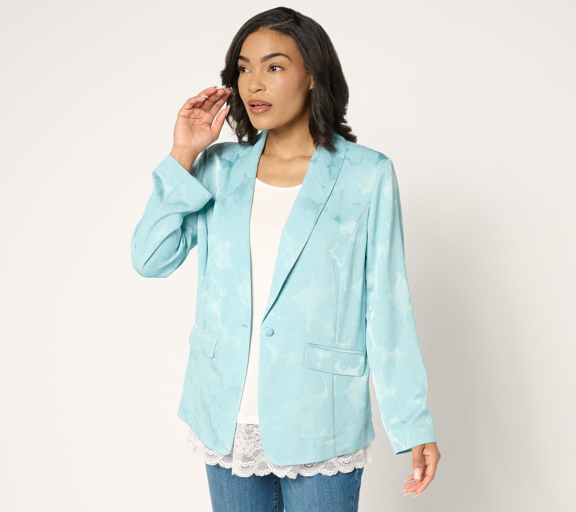 LOGO by Lori Goldstein Button Front Shawl Collar Jacquard Blazer