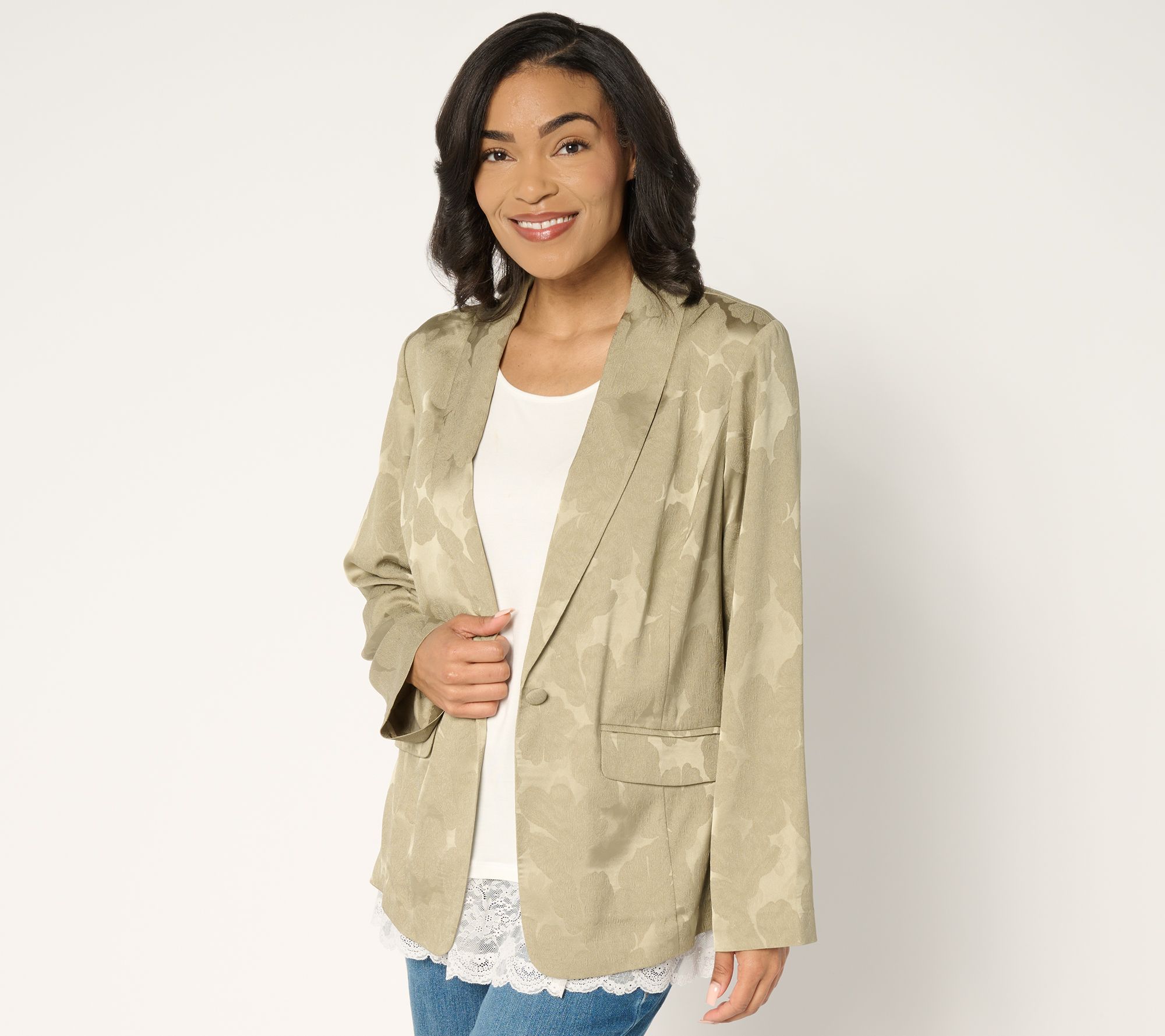 LOGO by Lori Goldstein Button Front Shawl Collar Jacquard Blazer