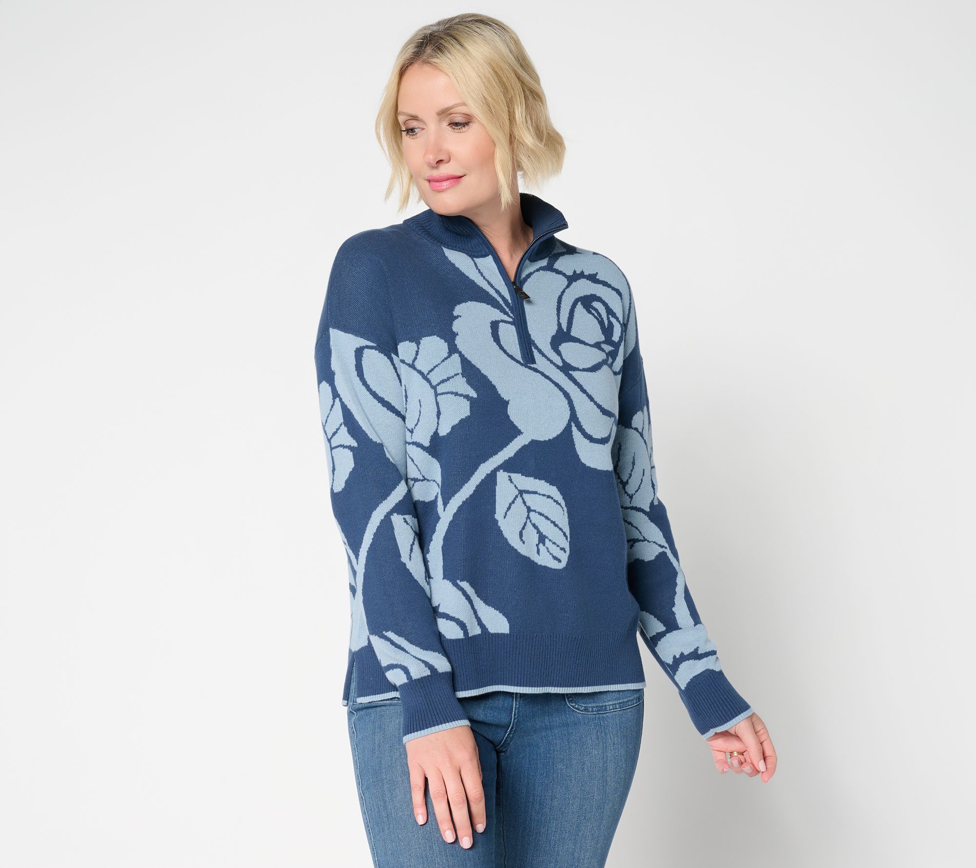 Belle by Kim Gravel Falling for Fall Floral Intarsia Half Zip Sweater