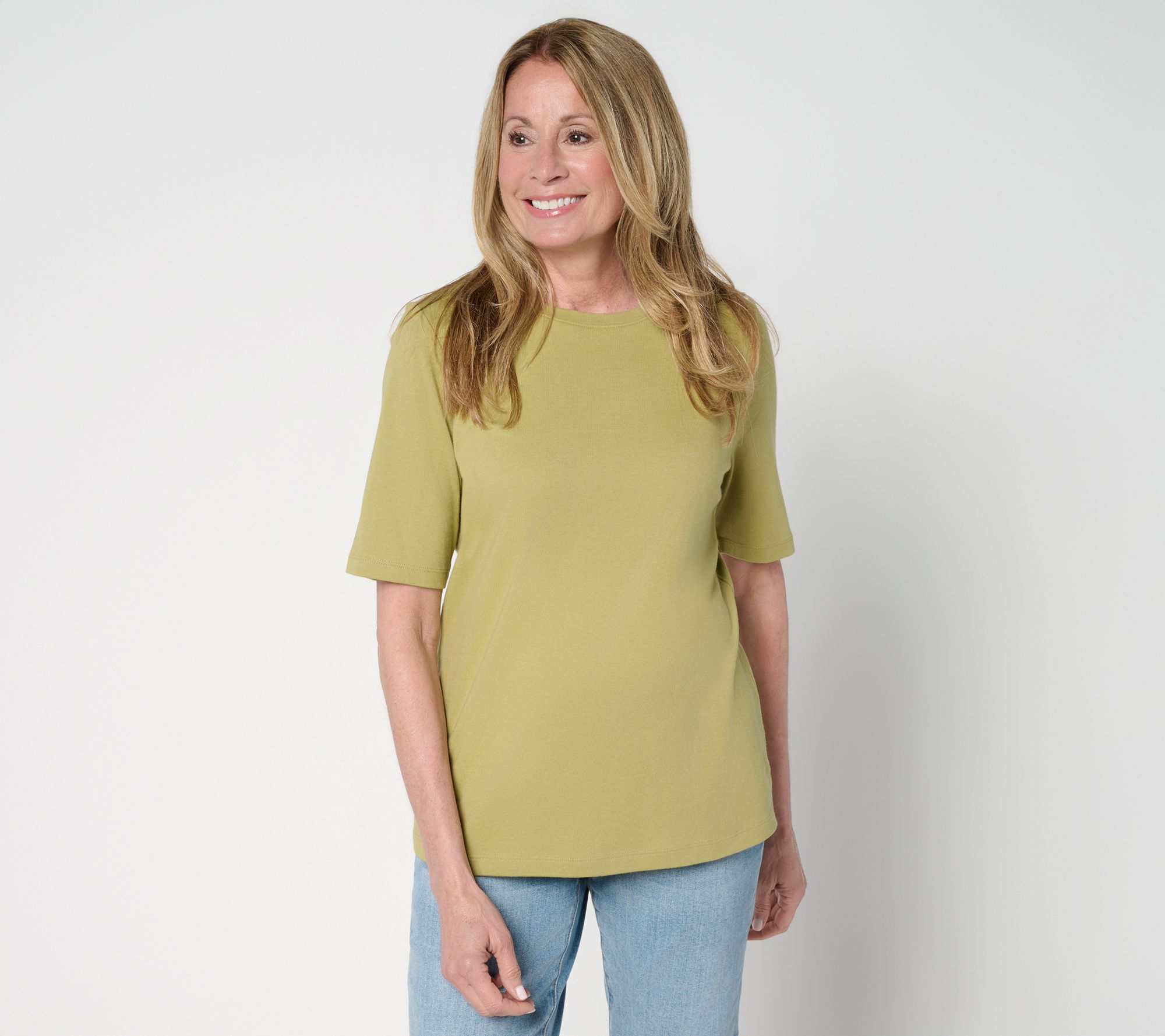 Denim & Co. Essentials True Cotton Elbow Sleeve Crew Neck Top