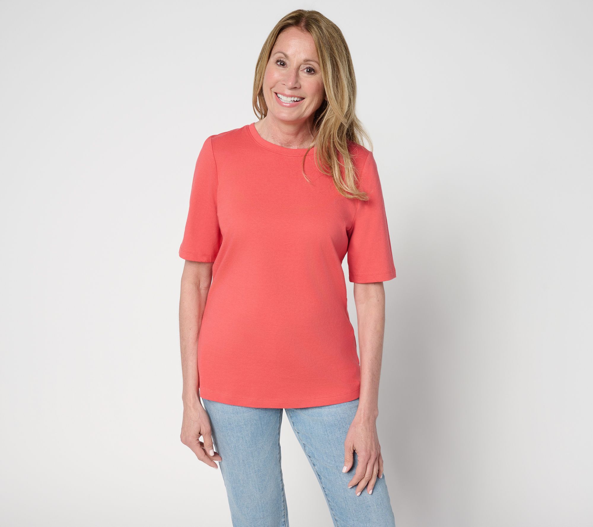 Denim & Co. Essentials True Cotton Elbow Sleeve Crew Neck Top