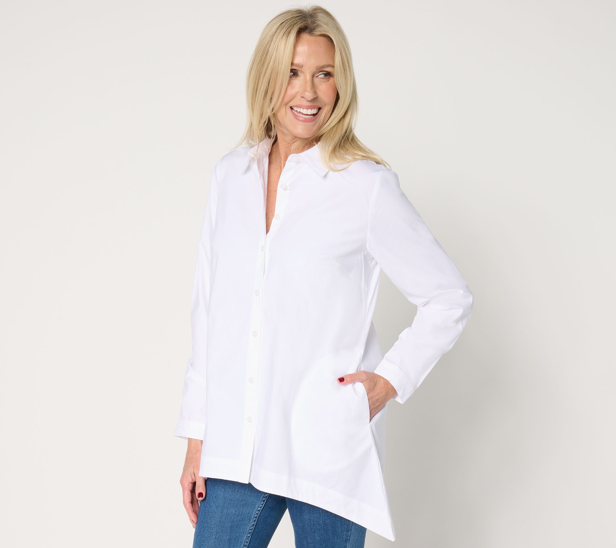 "As Is" Denim & Co. Regular Button Front Poplin Tunic with Pockets
