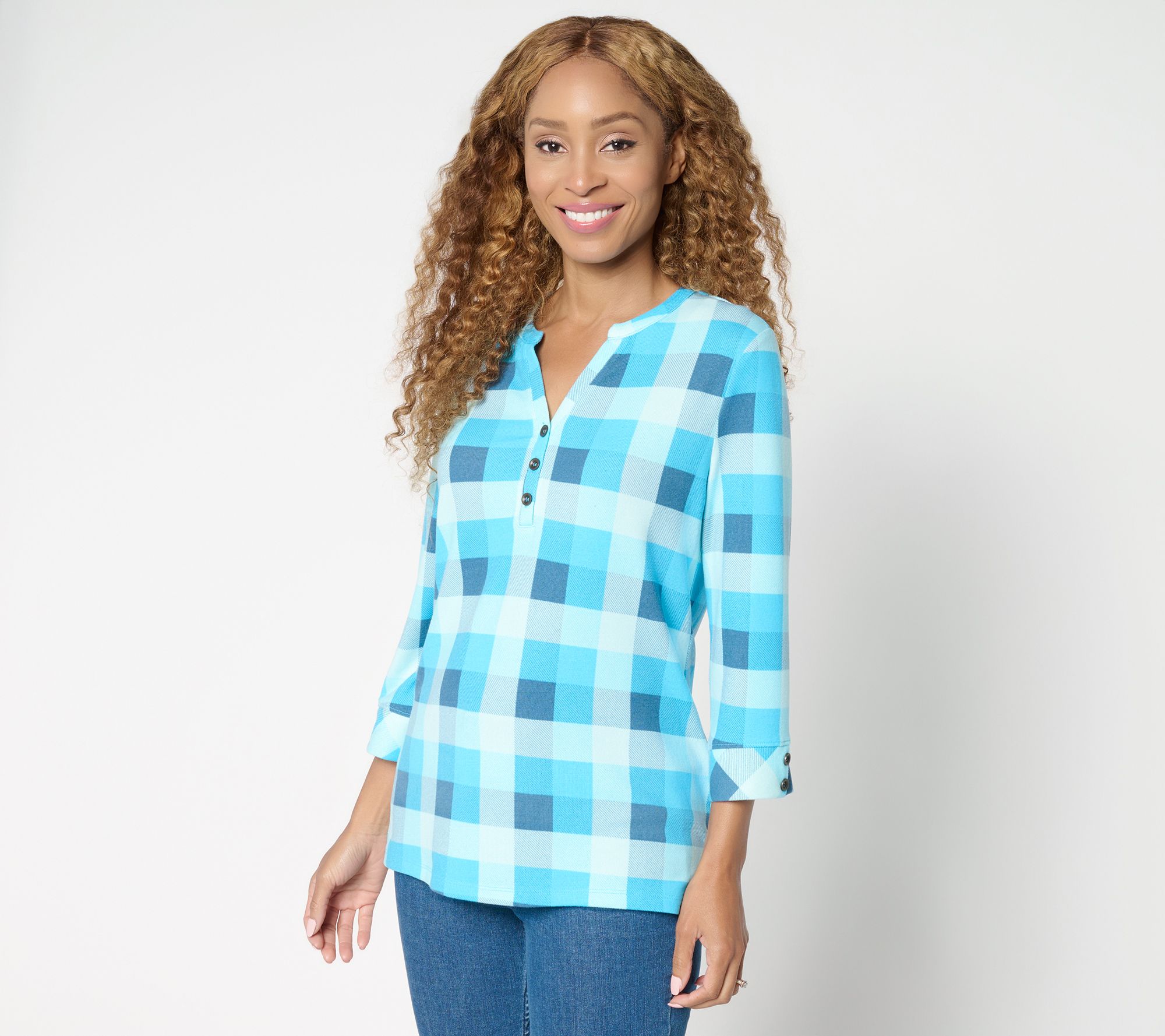 Denim & Co. Heavenly Jersey 3/4 Sleeve Plaid Henley Top