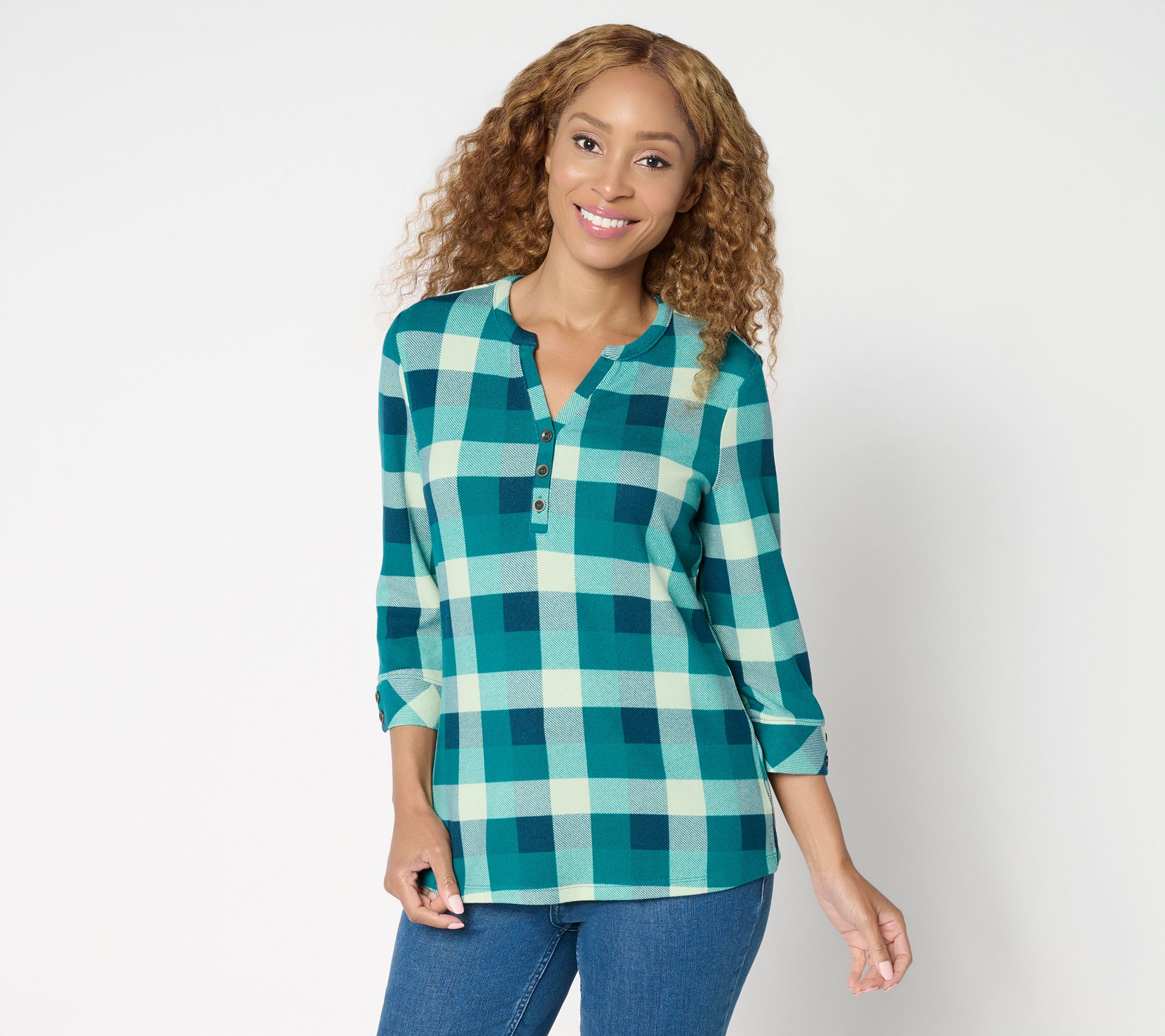Denim & Co. Heavenly Jersey 3/4 Sleeve Plaid Henley Top