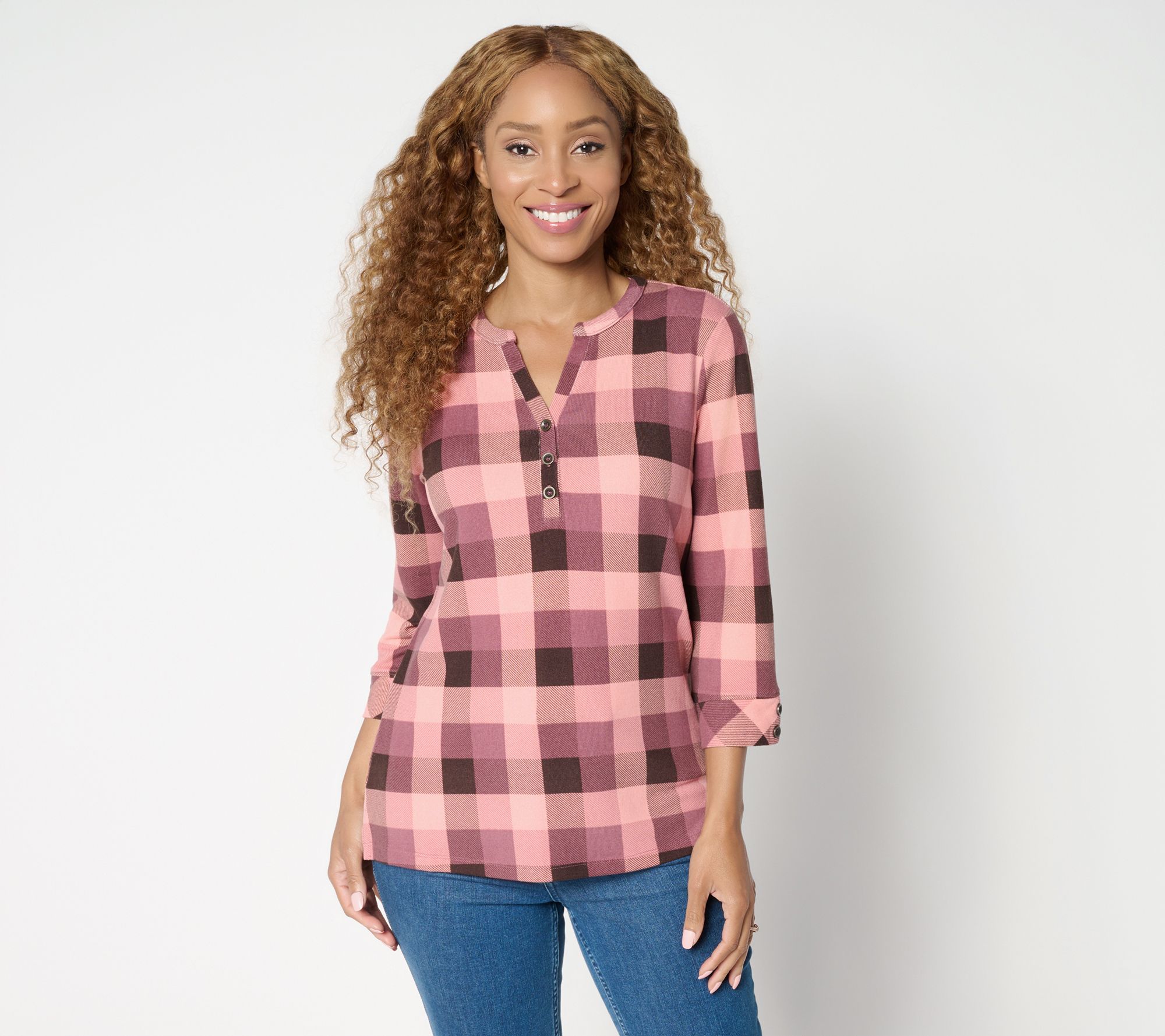 Denim & Co. Heavenly Jersey 3/4 Sleeve Plaid Henley Top