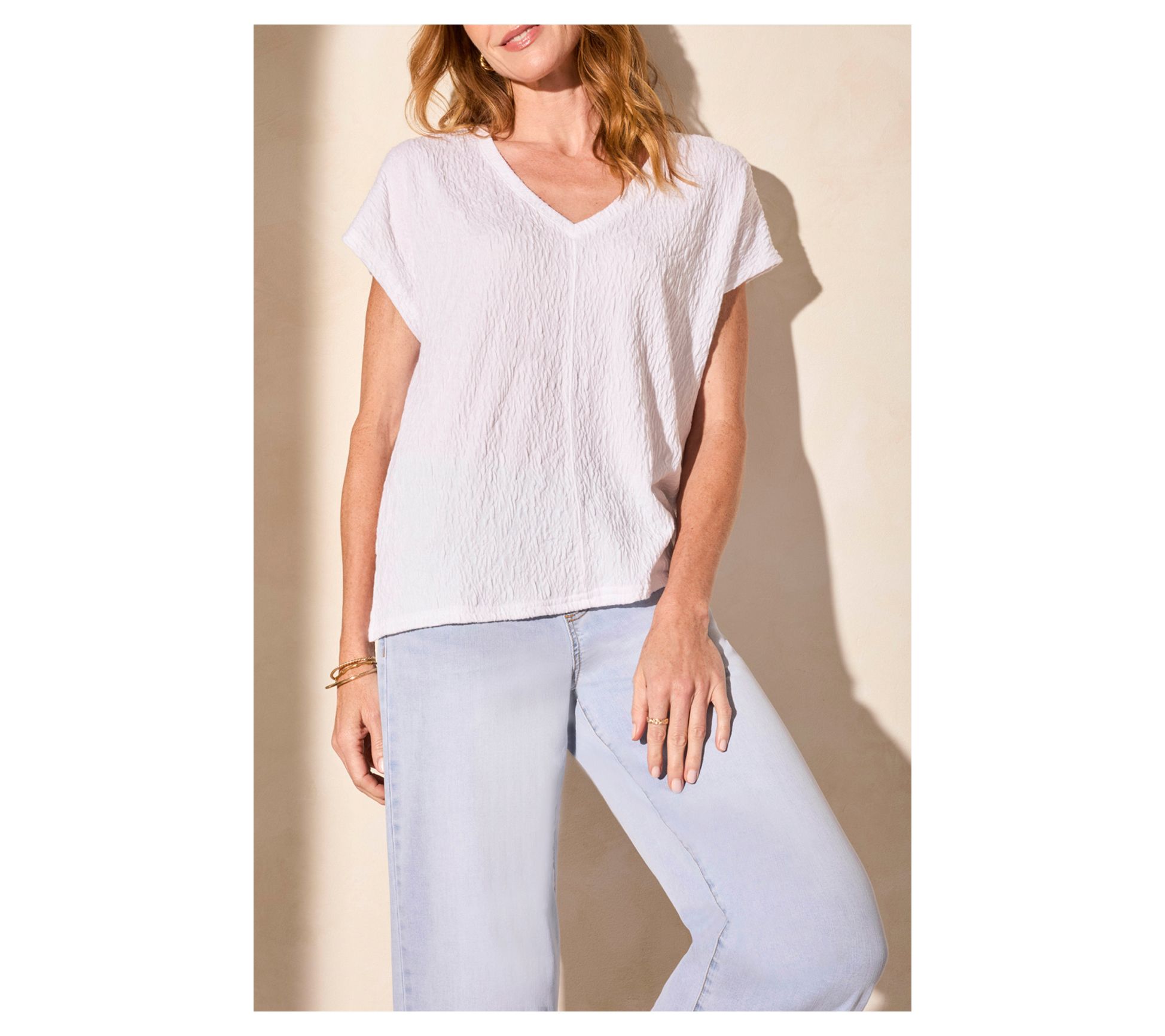 Tribal Cap-Sleeve V-Neck Puckered Knit Top