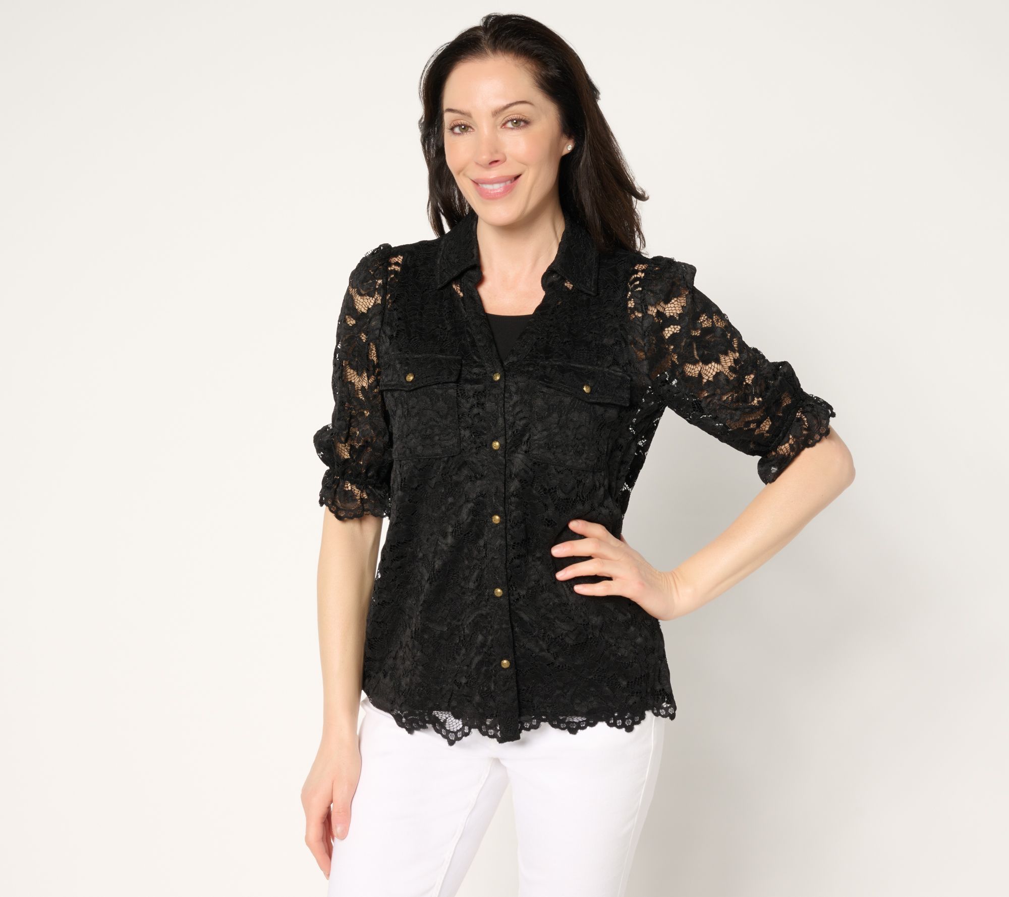 "As Is" Susan Graver Occasion Short Sleeve Button Front Lace Top