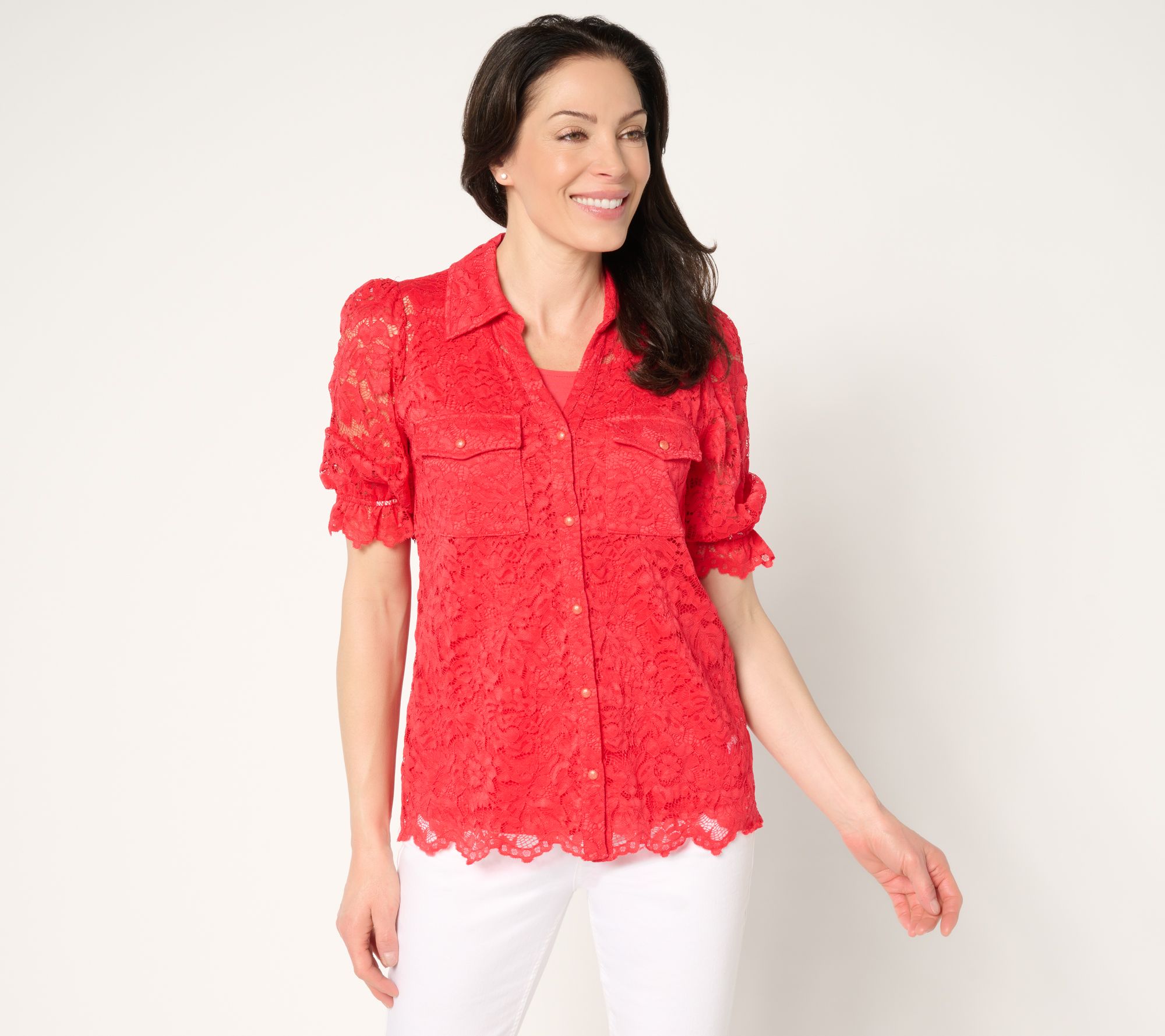 "As Is" Susan Graver Occasion Short Sleeve Button Front Lace Top