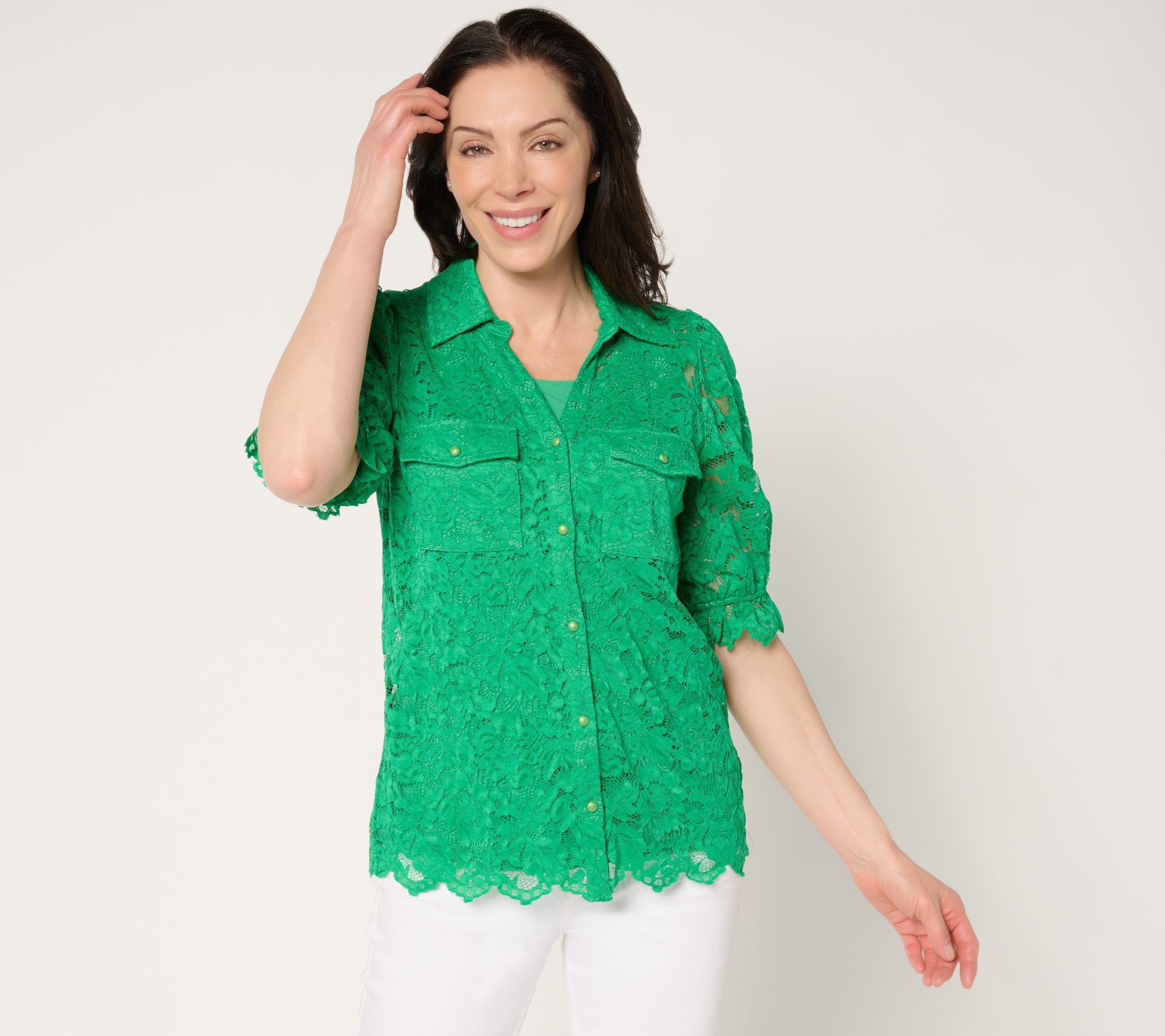 "As Is" Susan Graver Occasion Short Sleeve Button Front Lace Top