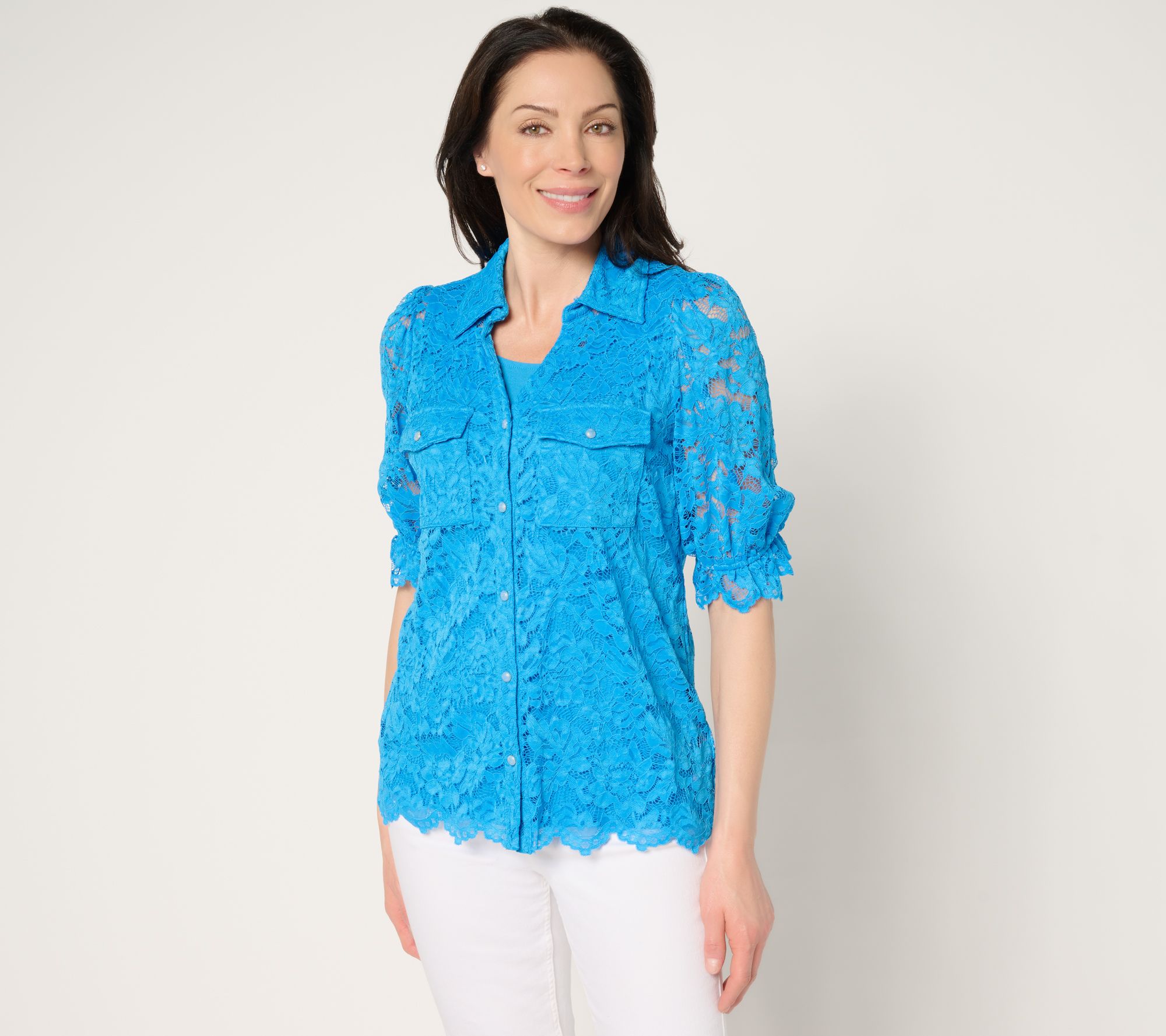 "As Is" Susan Graver Occasion Short Sleeve Button Front Lace Top