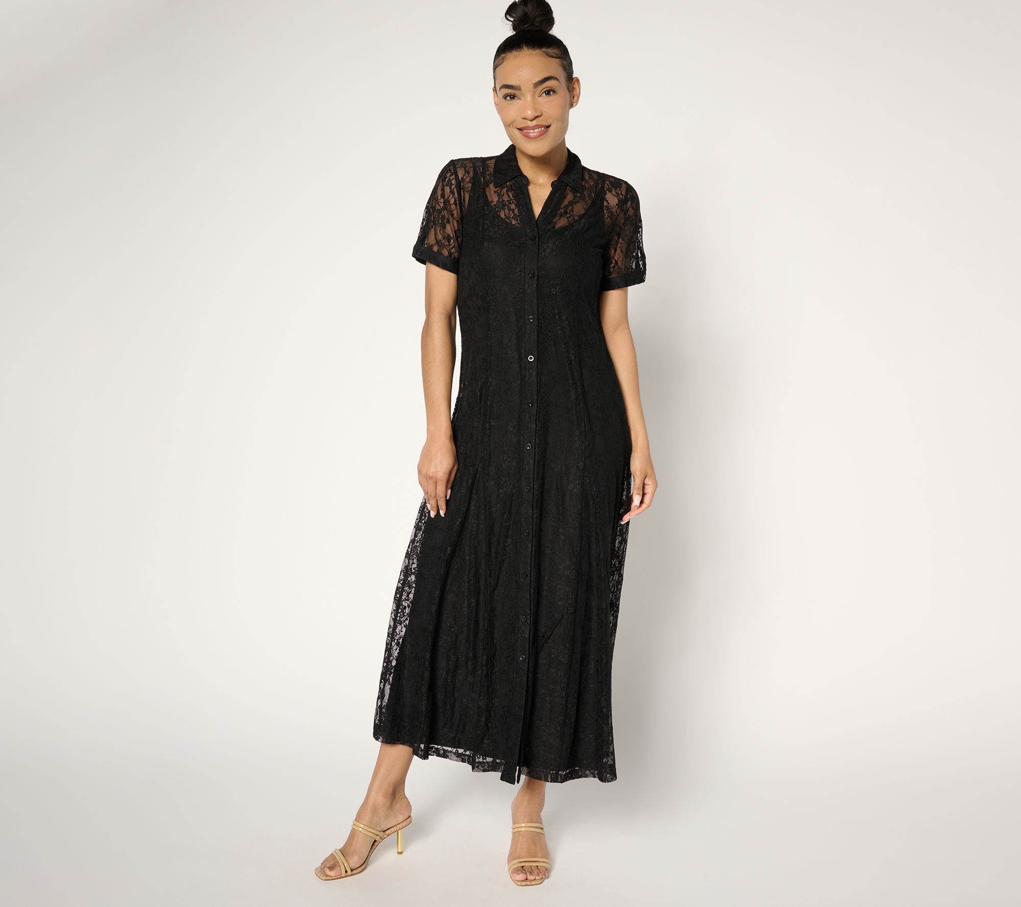 "As Is" Susan Graver Petite Stretch Lace Button Front Midi Dress