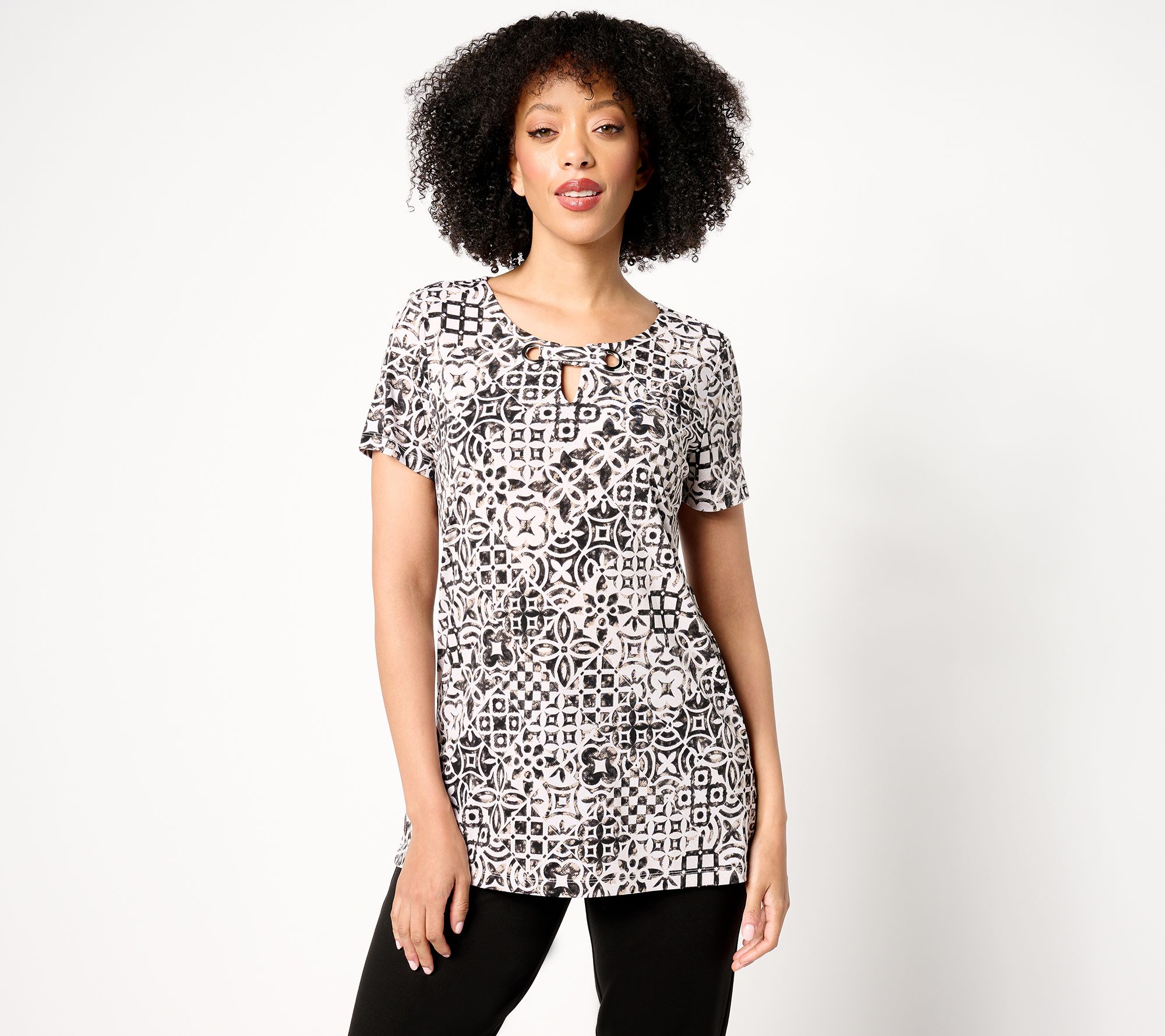 "As Is" Susan Graver Regular Printed Liquid Knit Tunic Grommet Detail