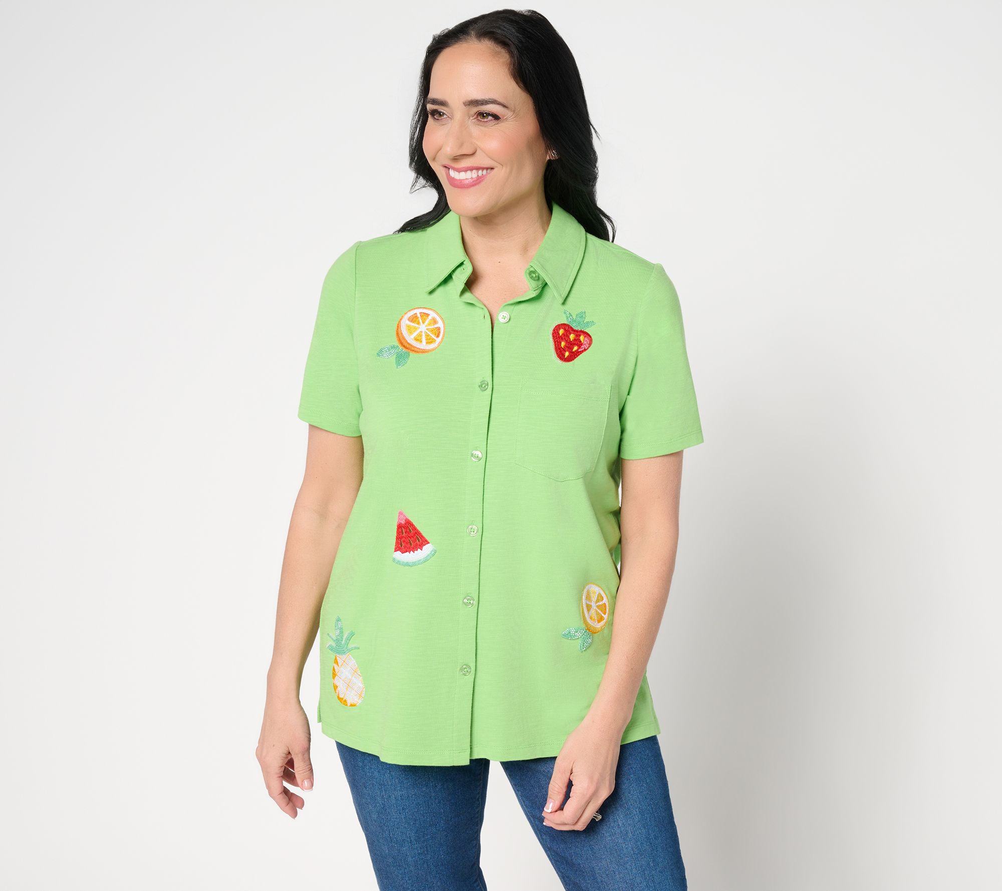 "As Is" Quacker Factory Cutie Fruity Embroid. Short Slv Camp Shirt