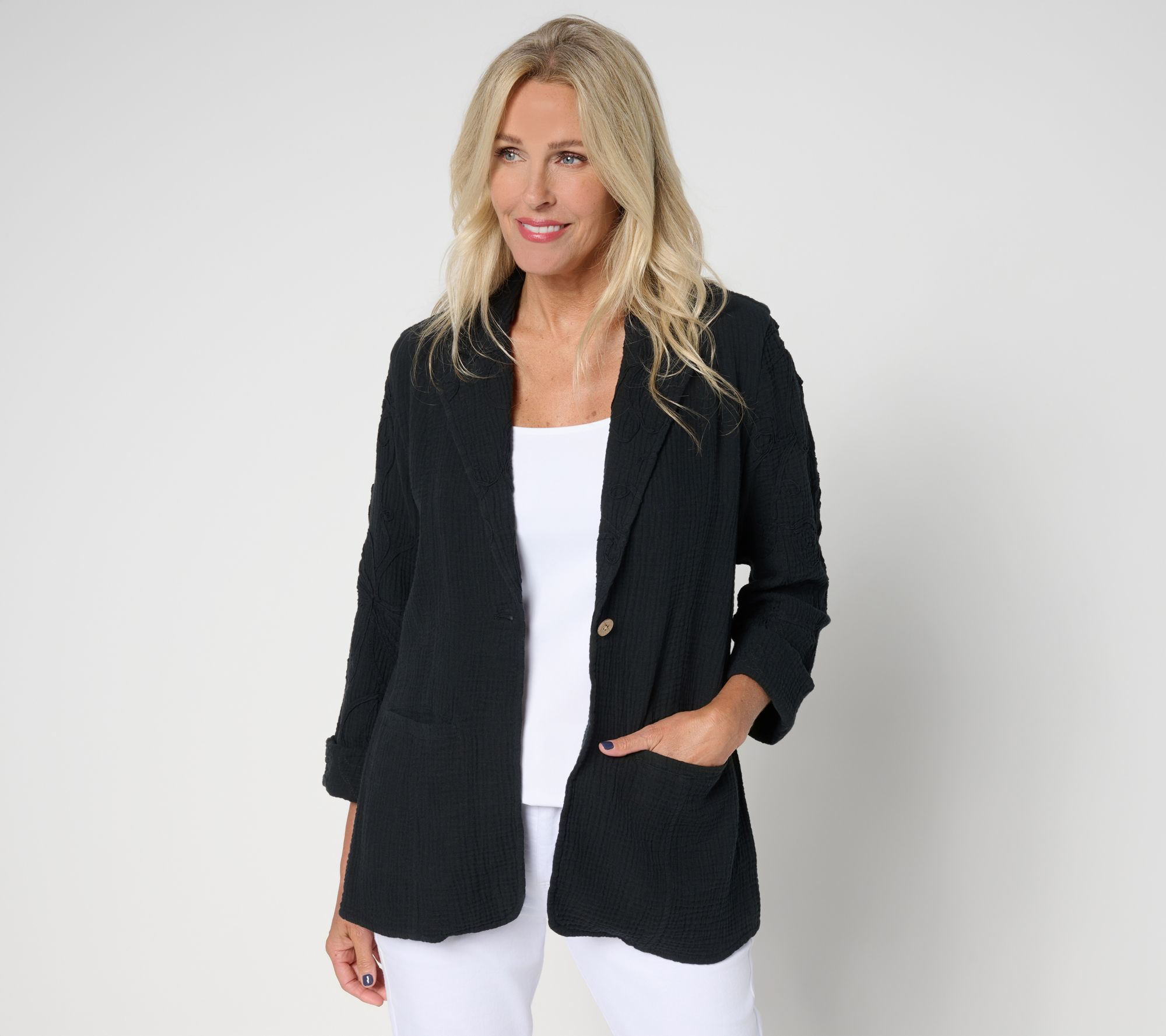 "As Is" Peace Love World Boheme 100% Cotto Gauze Blazer w/Embroi