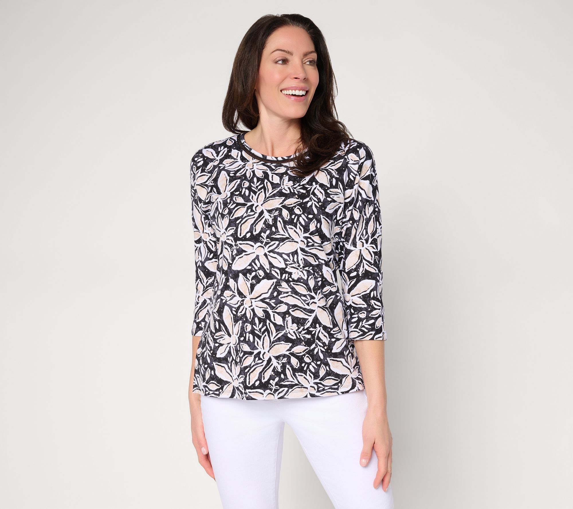 Denim & Co. Beach Floral Printed Beach Jersey 3/4 Sleeve Top