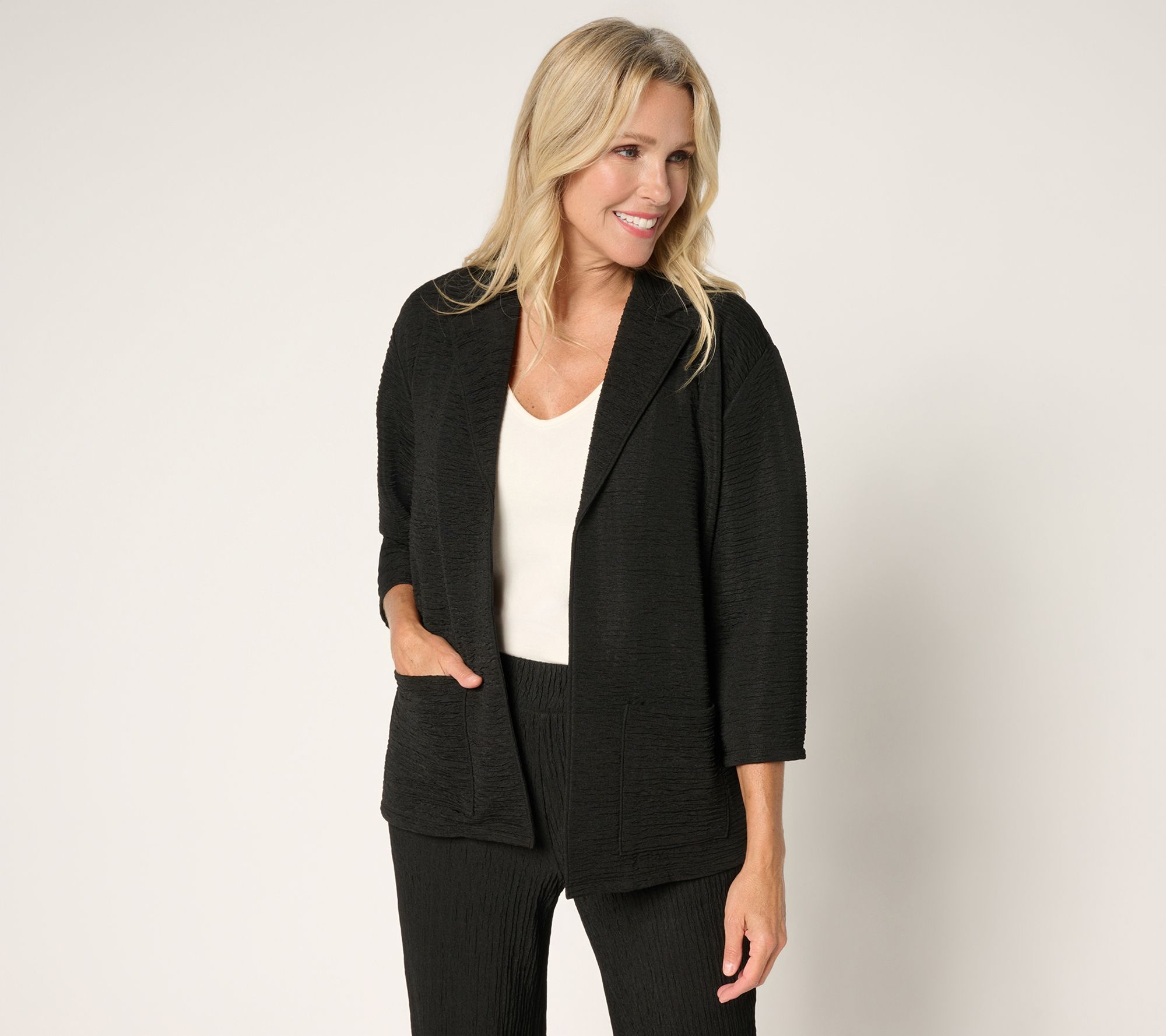 "As Is" Joan Rivers Crinkle Knit Open Front Collared Jacket