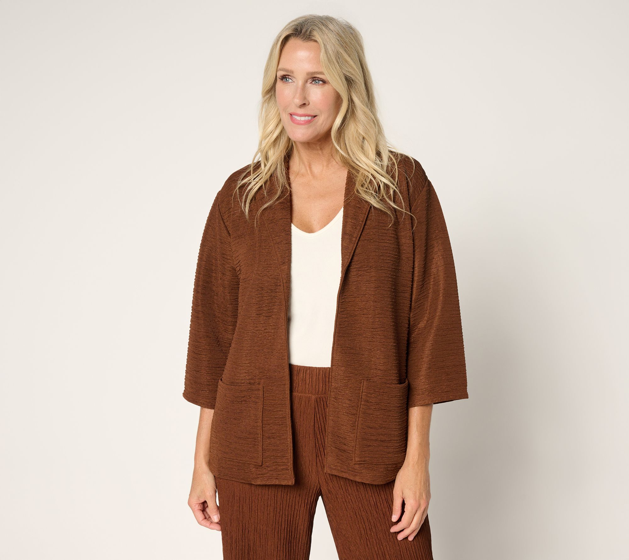 "As Is" Joan Rivers Crinkle Knit Open Front Collared Jacket