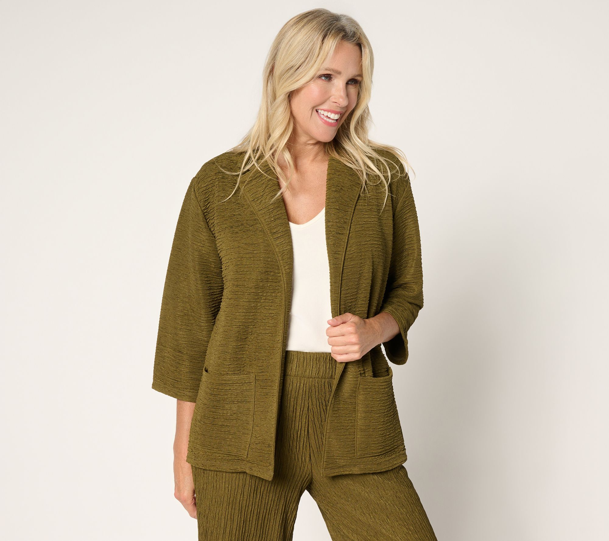 "As Is" Joan Rivers Crinkle Knit Open Front Collared Jacket