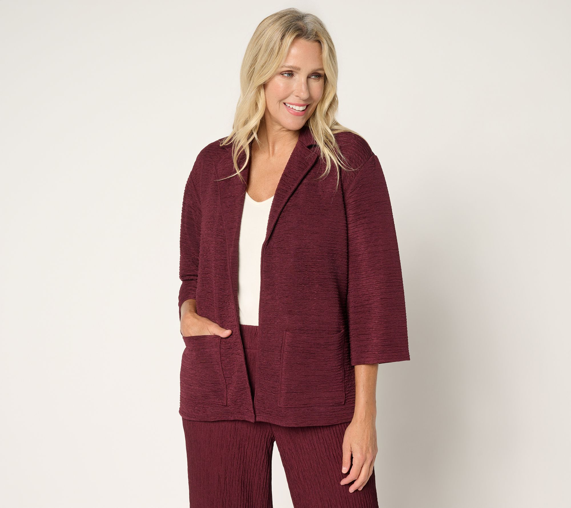 "As Is" Joan Rivers Crinkle Knit Open Front Collared Jacket