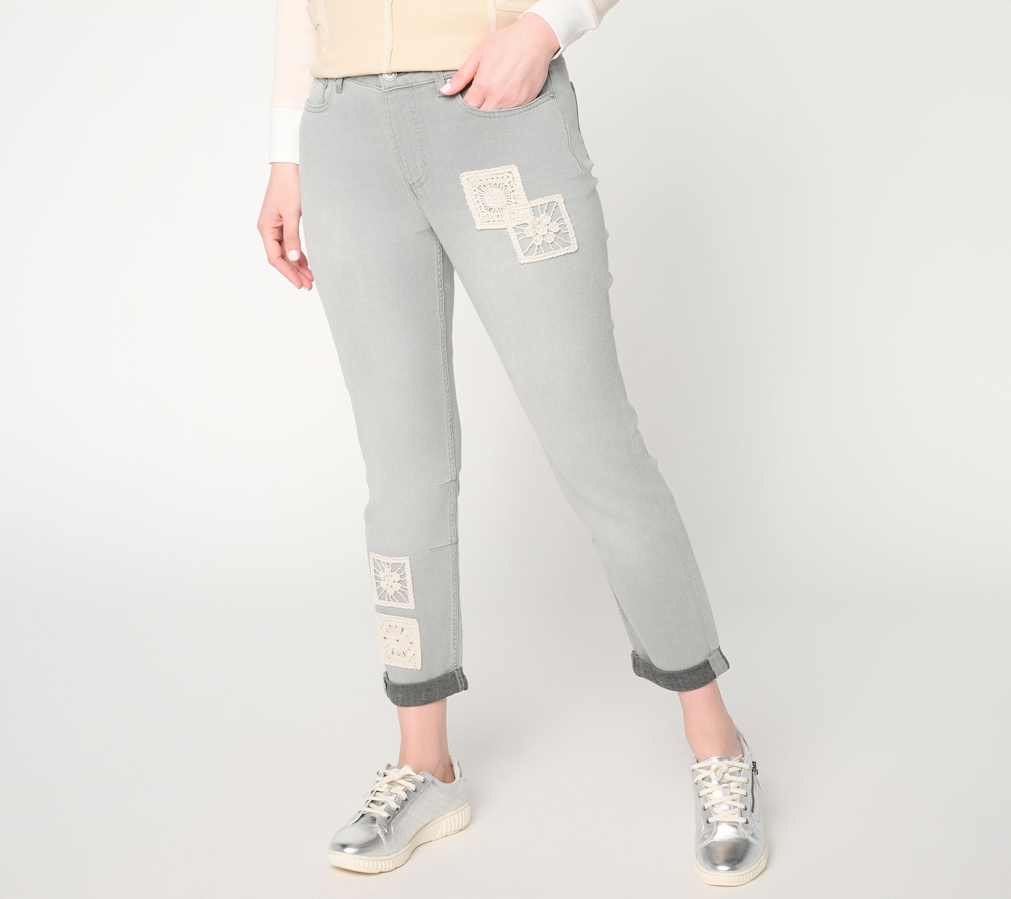 LOGO by Lori Goldstein Petite Grey Tapered Leg Ankle Jeans