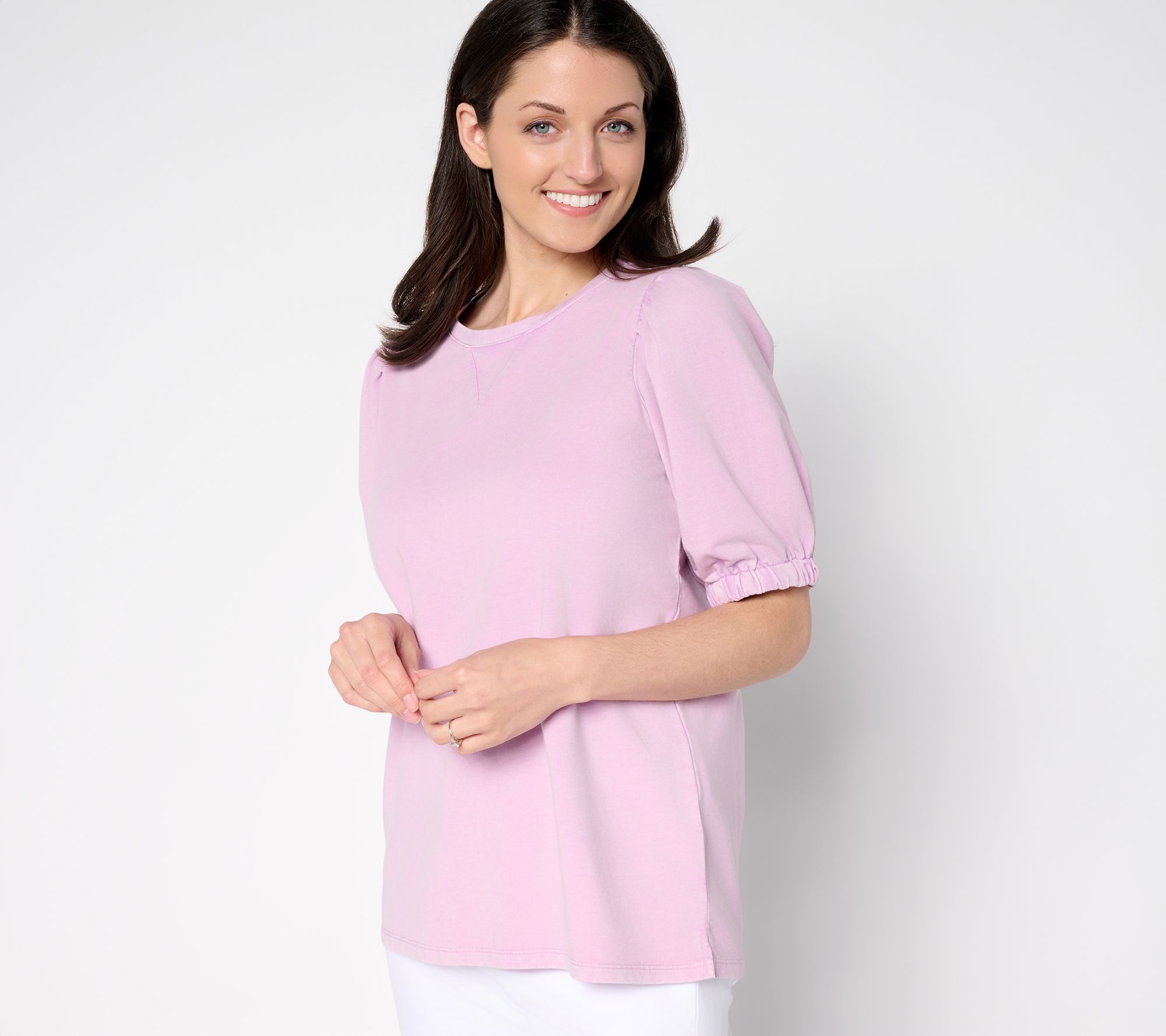 "As Is" LOGO by Lori Goldstein Acid Wash Knit Top with Puff Sleeves