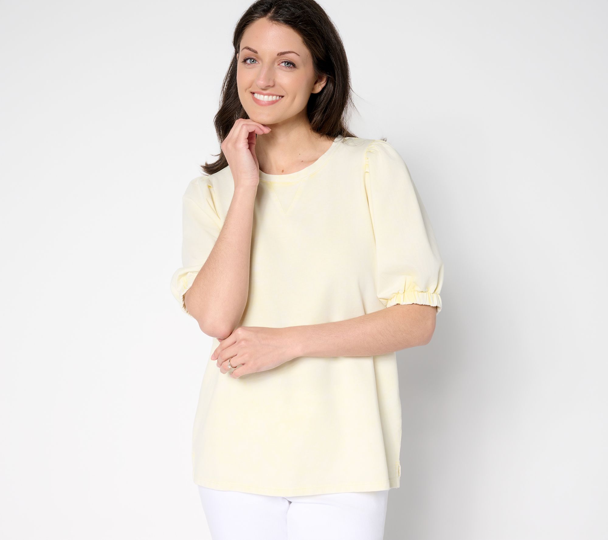 "As Is" LOGO by Lori Goldstein Acid Wash Knit Top with Puff Sleeves