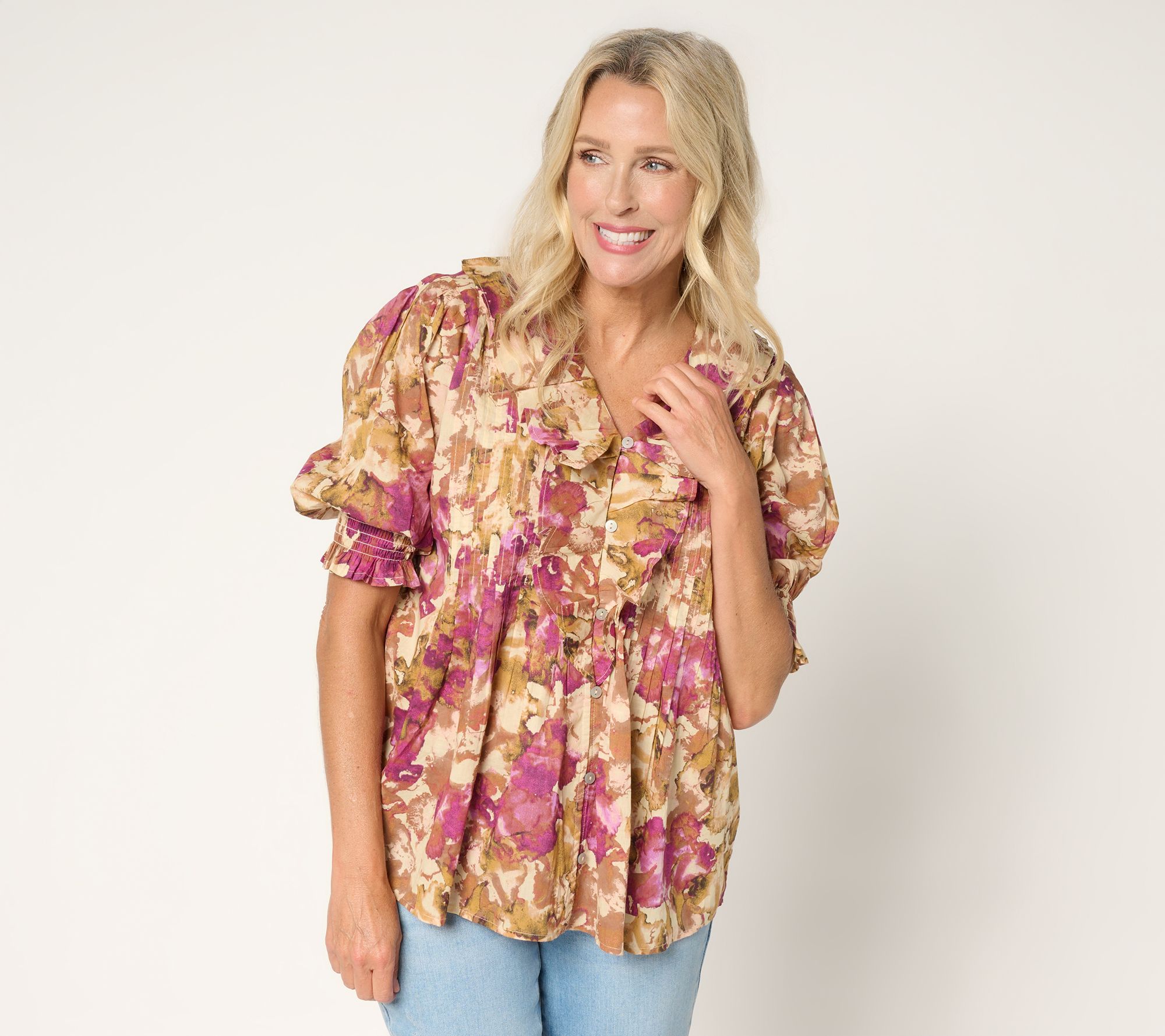 "As Is" Ree by The Pioneer Woman Printed 100% Cotton Ruffle Blouse
