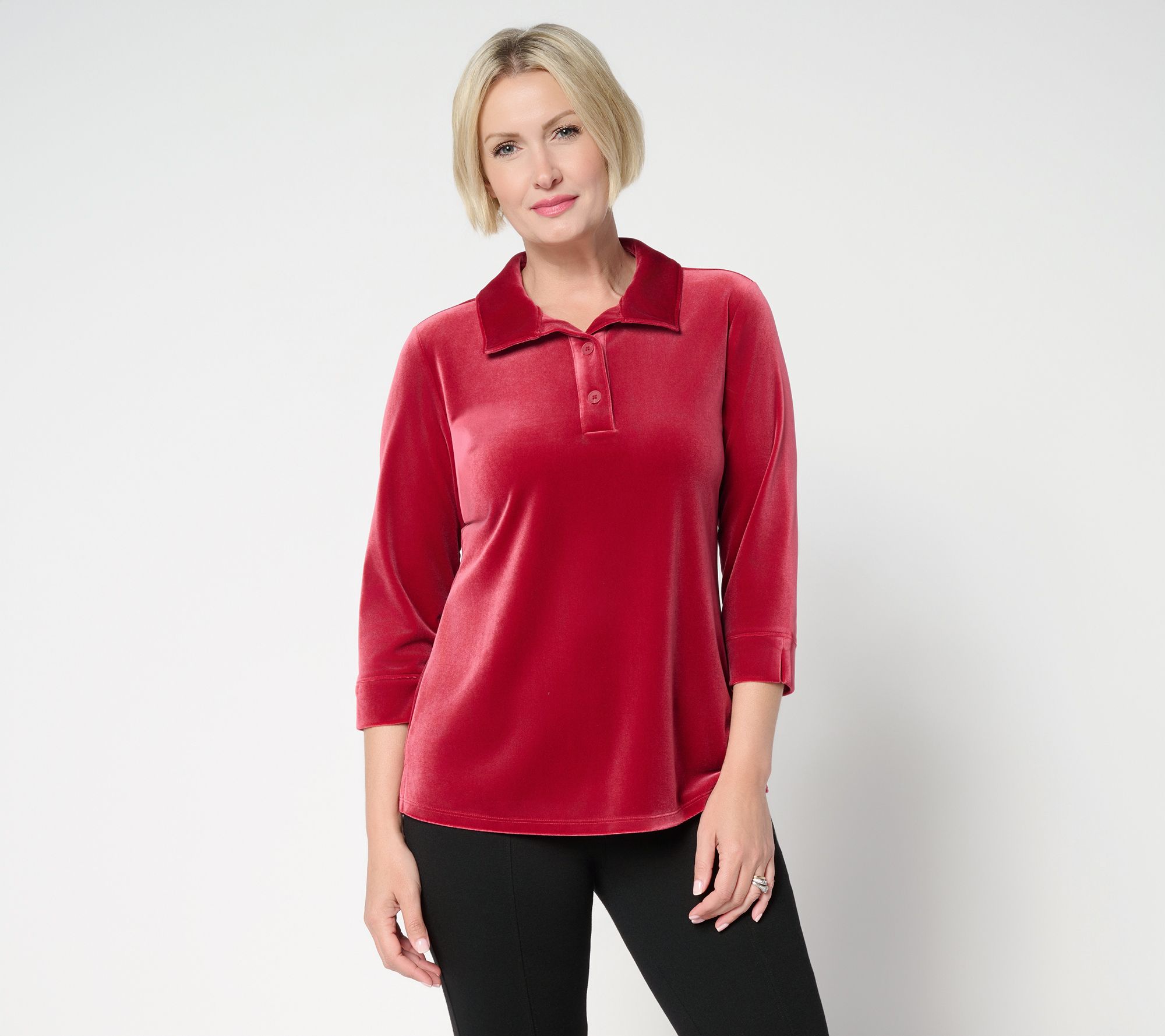 "As Is" Denim & Co. Knit Velvet 3/4 Sleeve Collared Henley Top