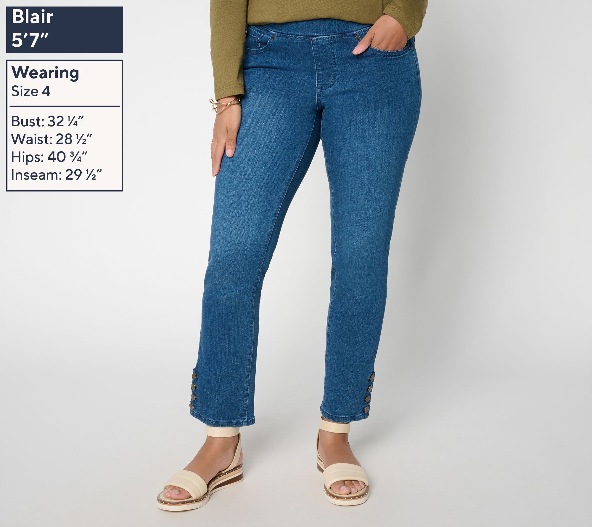 Belle by Kim Gravel Regular TripleLuxe Denim Scalloped Button Hem