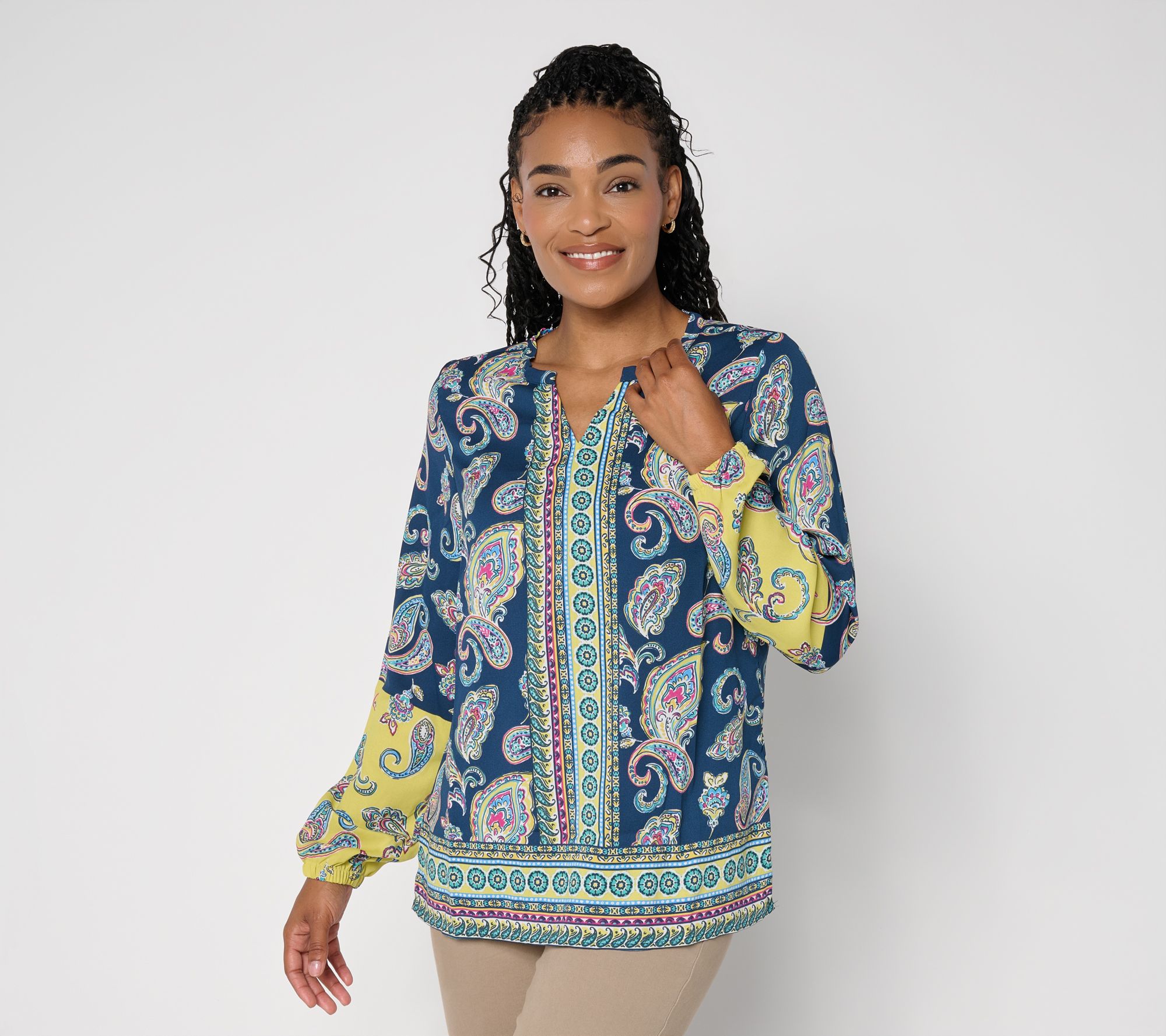 Belle Boho by Kim Gravel Painted Paisley Border Print Blouse