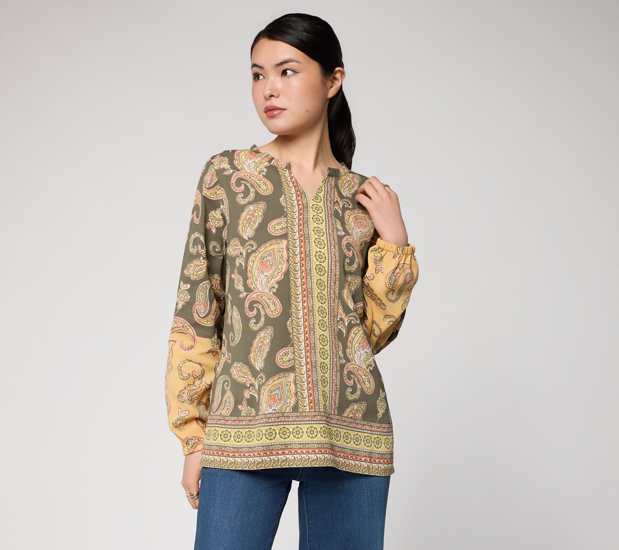 Belle Boho by Kim Gravel Painted Paisley Border Print Blouse