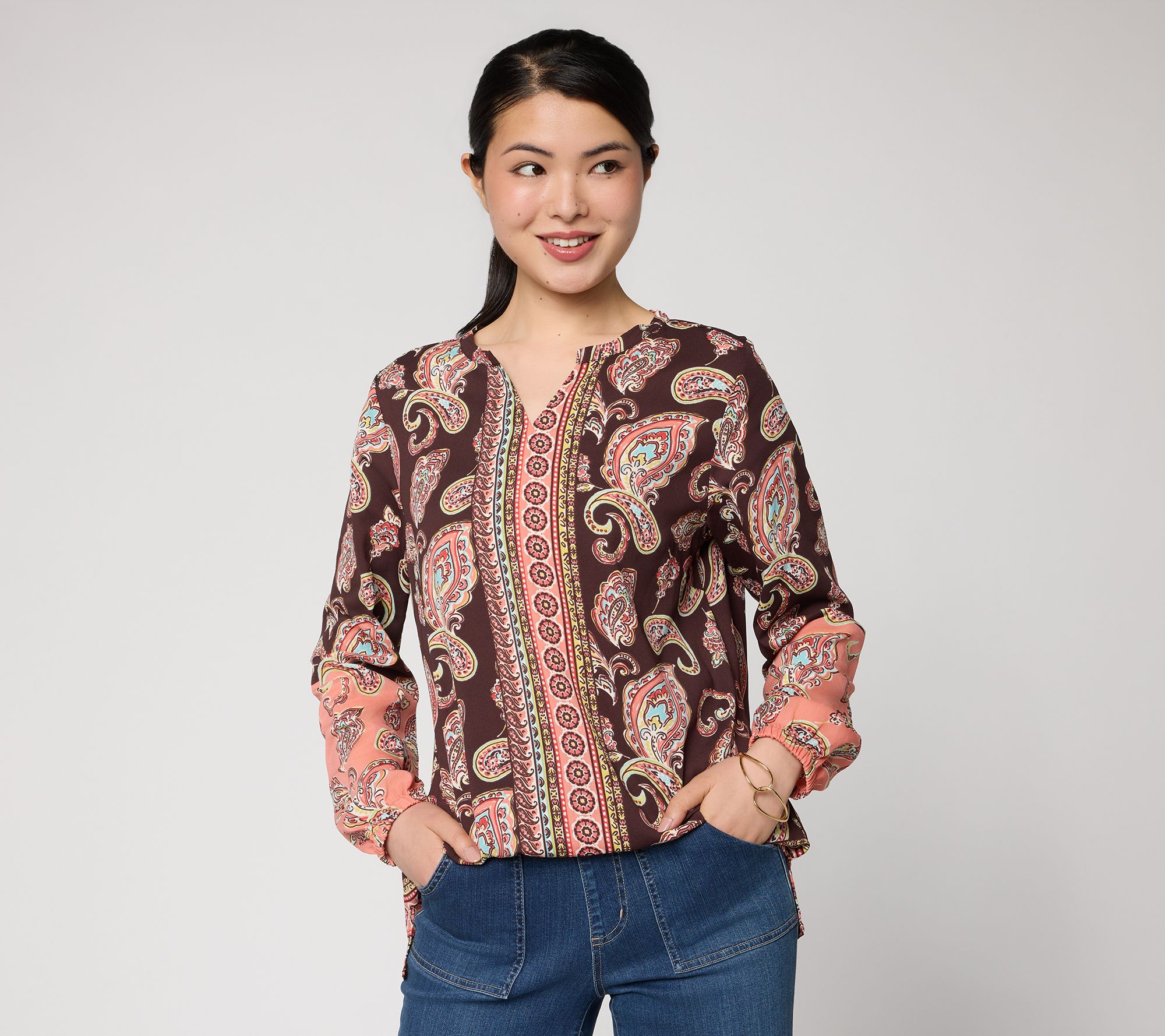Belle Boho by Kim Gravel Painted Paisley Border Print Blouse