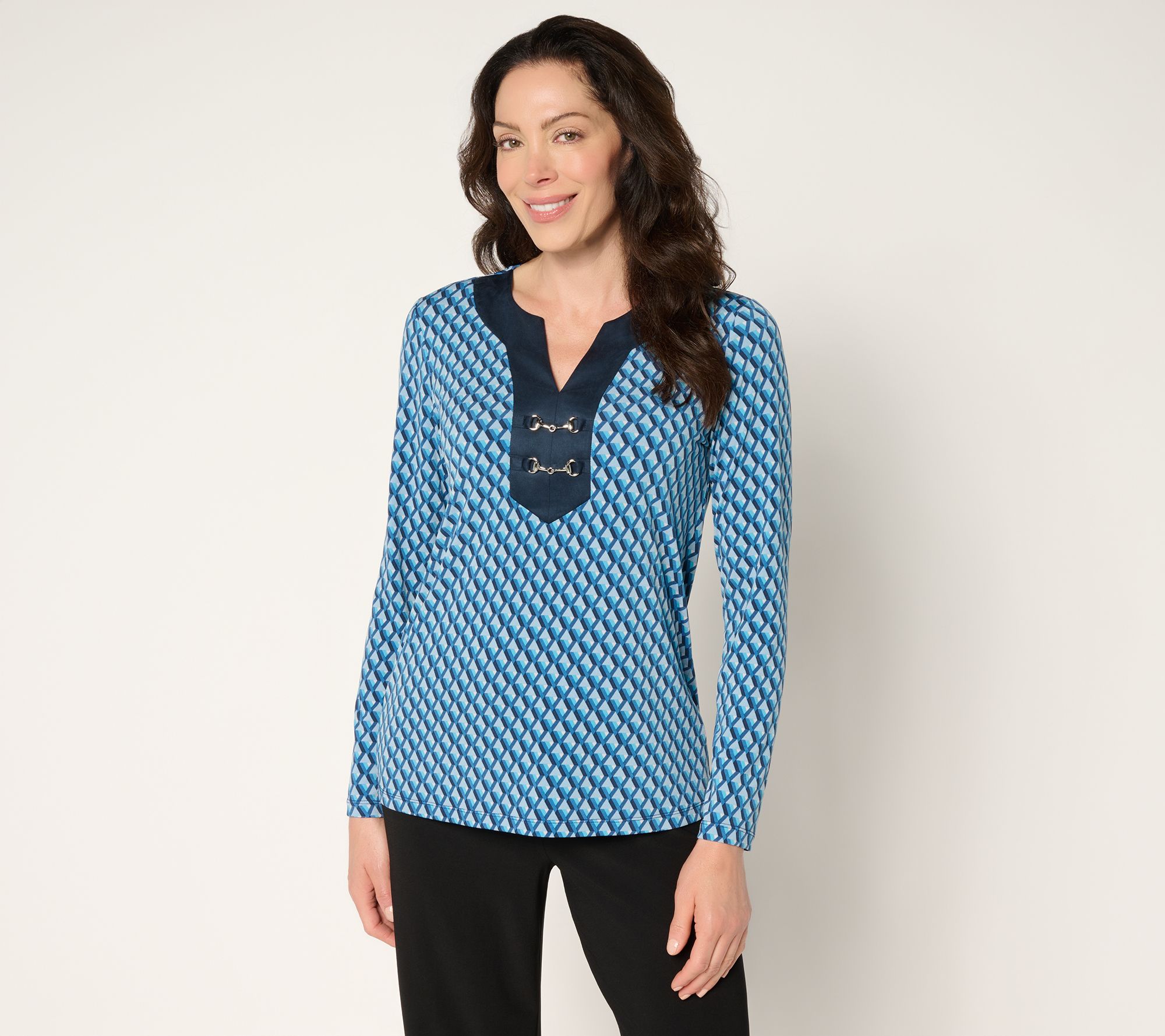 "As Is" Susan Graver Printed Liquid Knit & Faux Suede Top w/ Neck Trim