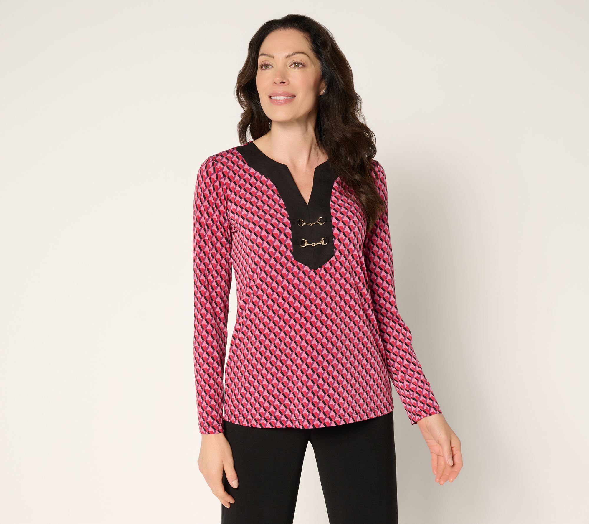 "As Is" Susan Graver Printed Liquid Knit & Faux Suede Top w/ Neck Trim