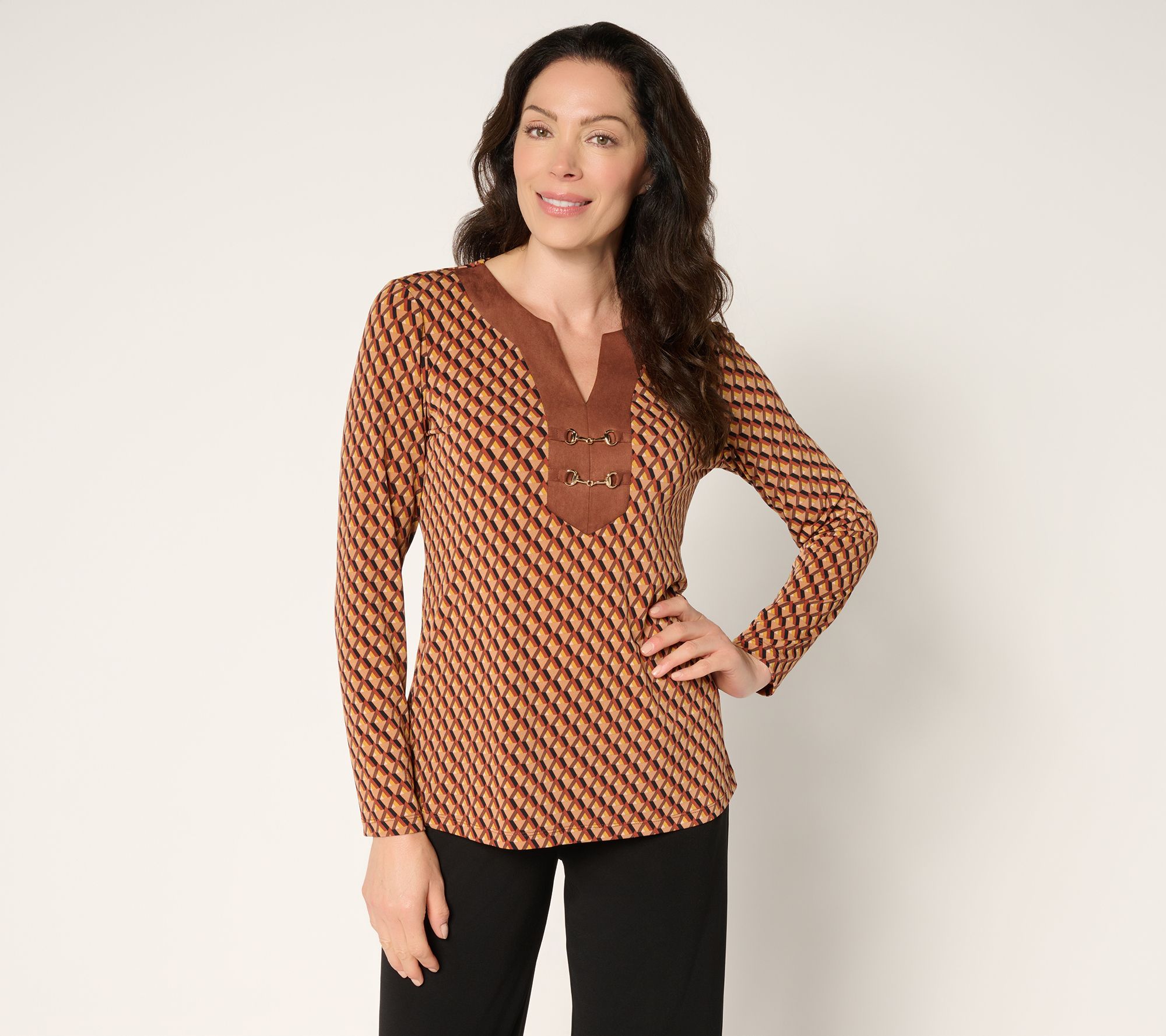 "As Is" Susan Graver Printed Liquid Knit & Faux Suede Top w/ Neck Trim