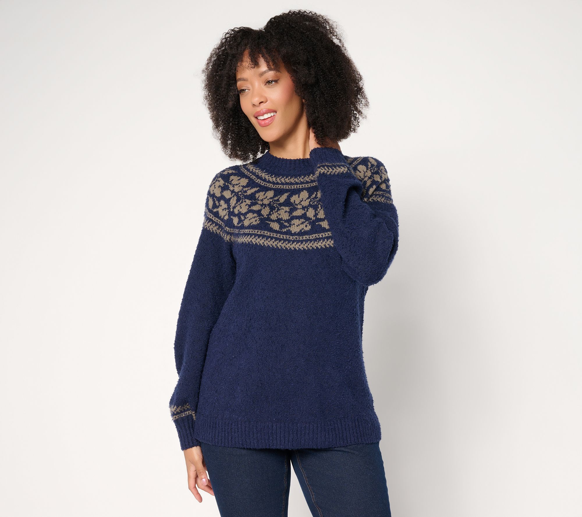 "As Is" Denim & Co. Mock Neck Fair Isle Long Sleeve Sweater