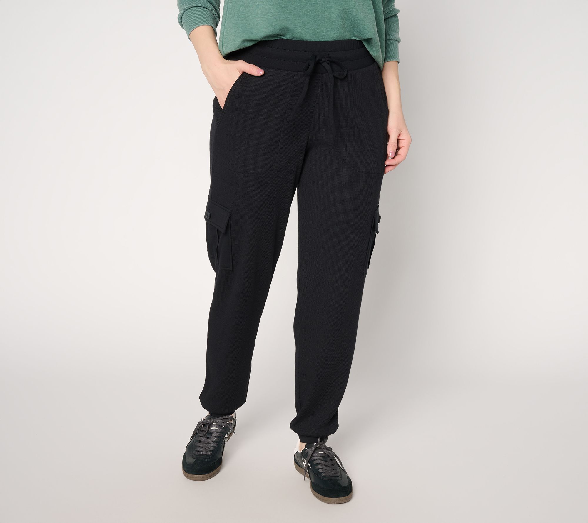 "As Is" AnyBody Petite Cozy Knit Jersey & Waffle Cargo Jogger