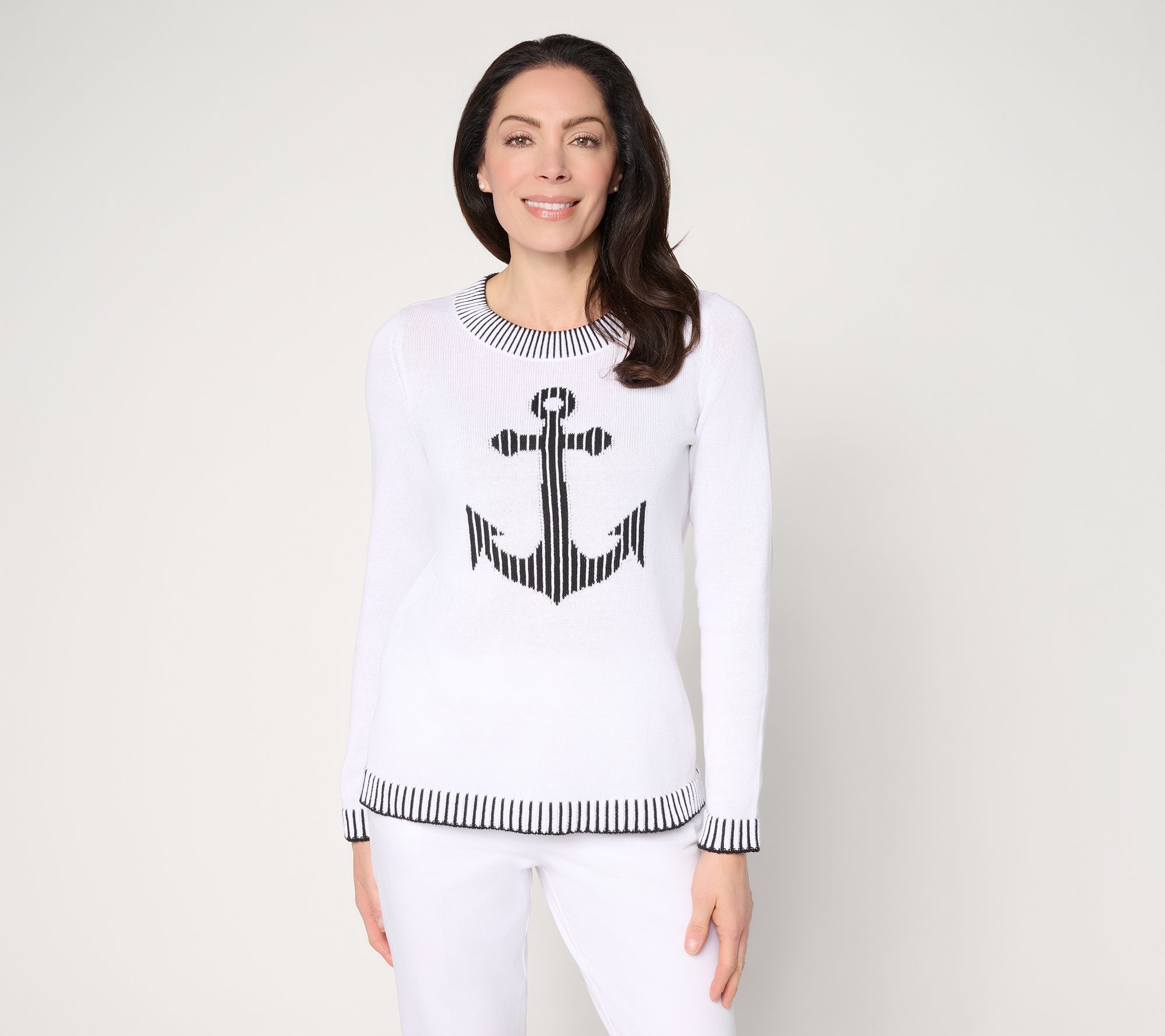 "As Is" Joan Rivers Intarsia Stripe Anchor Sweater with Rib Detail