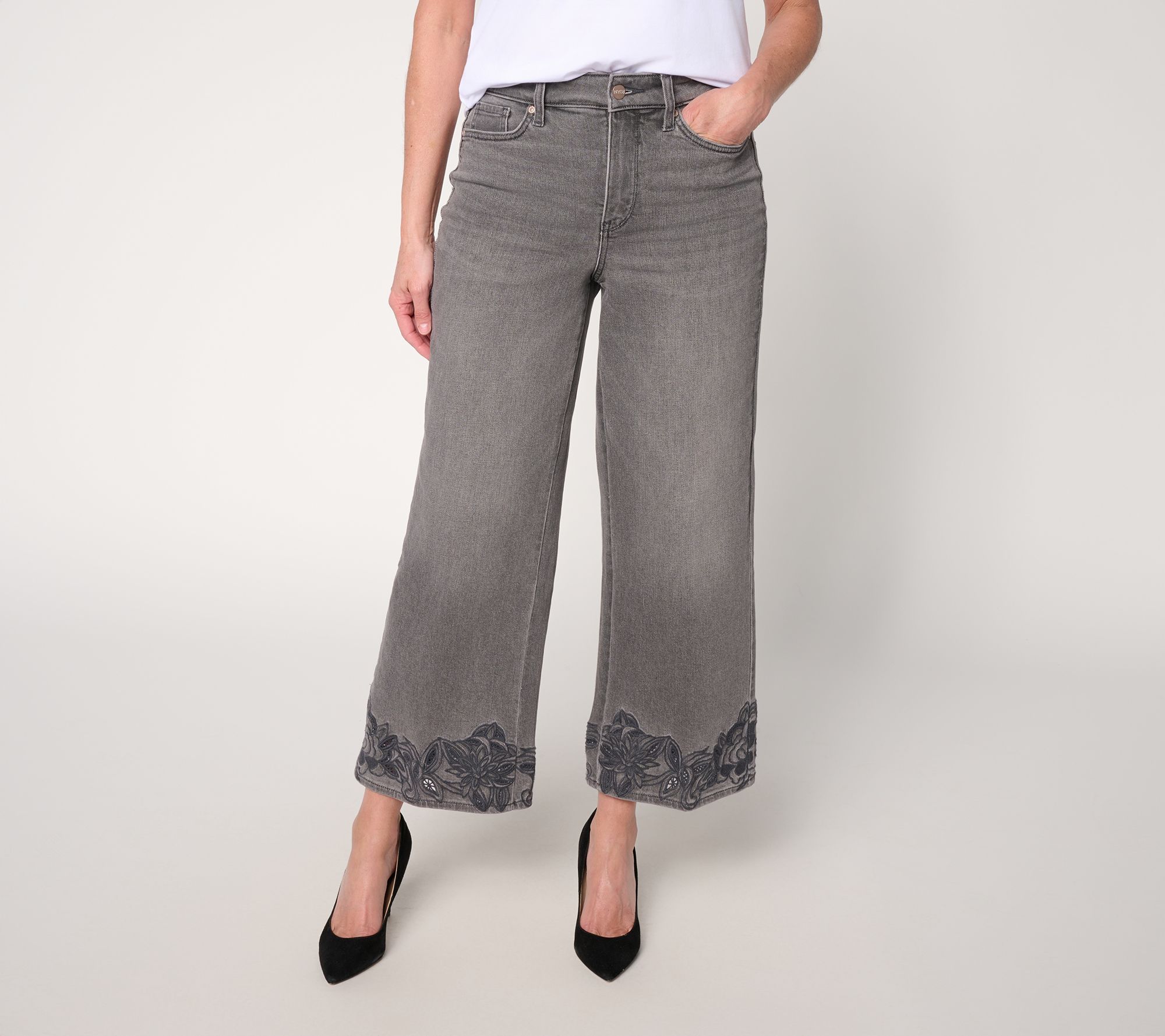 "As Is" NYDJ Teresa Petite Wide Leg High Rise Ankle Jean w/ Embroidery