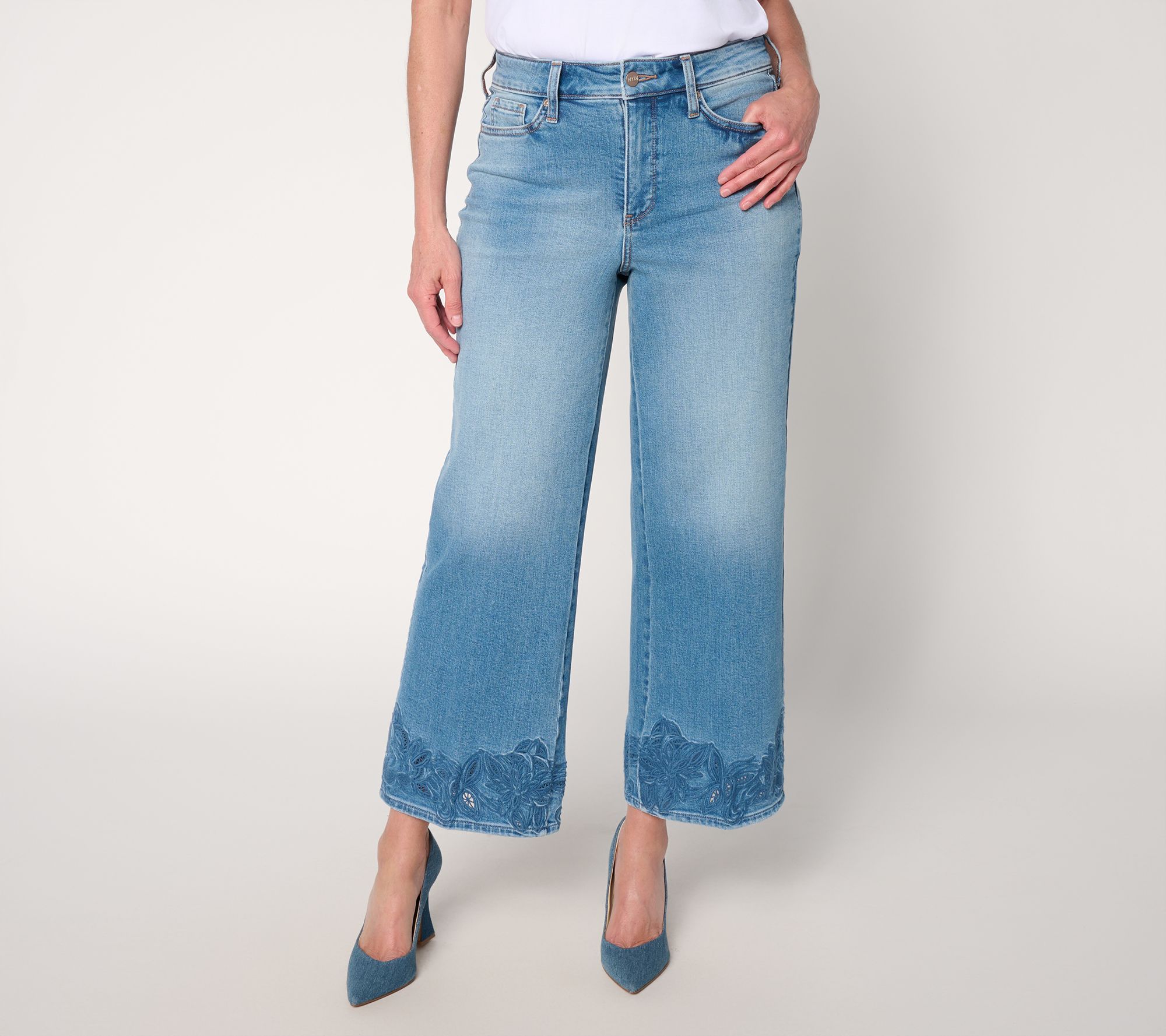 "As Is" NYDJ Teresa Petite Wide Leg High Rise Ankle Jean w/ Embroidery