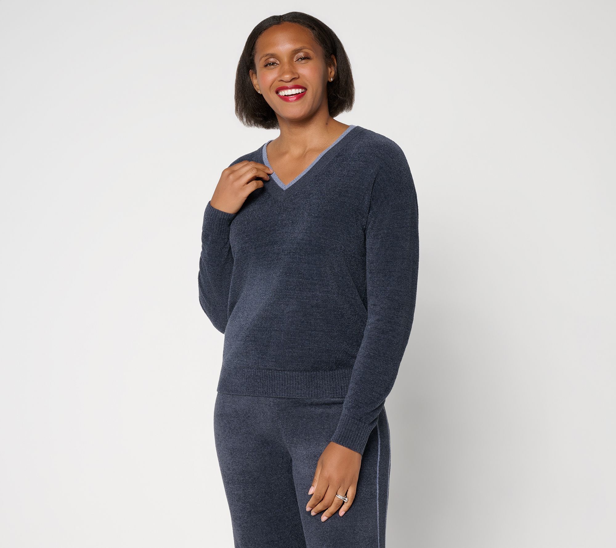 "As Is" Barefoot Dreams CozyChic Ultra Lite Contrast V-Neck Pullover