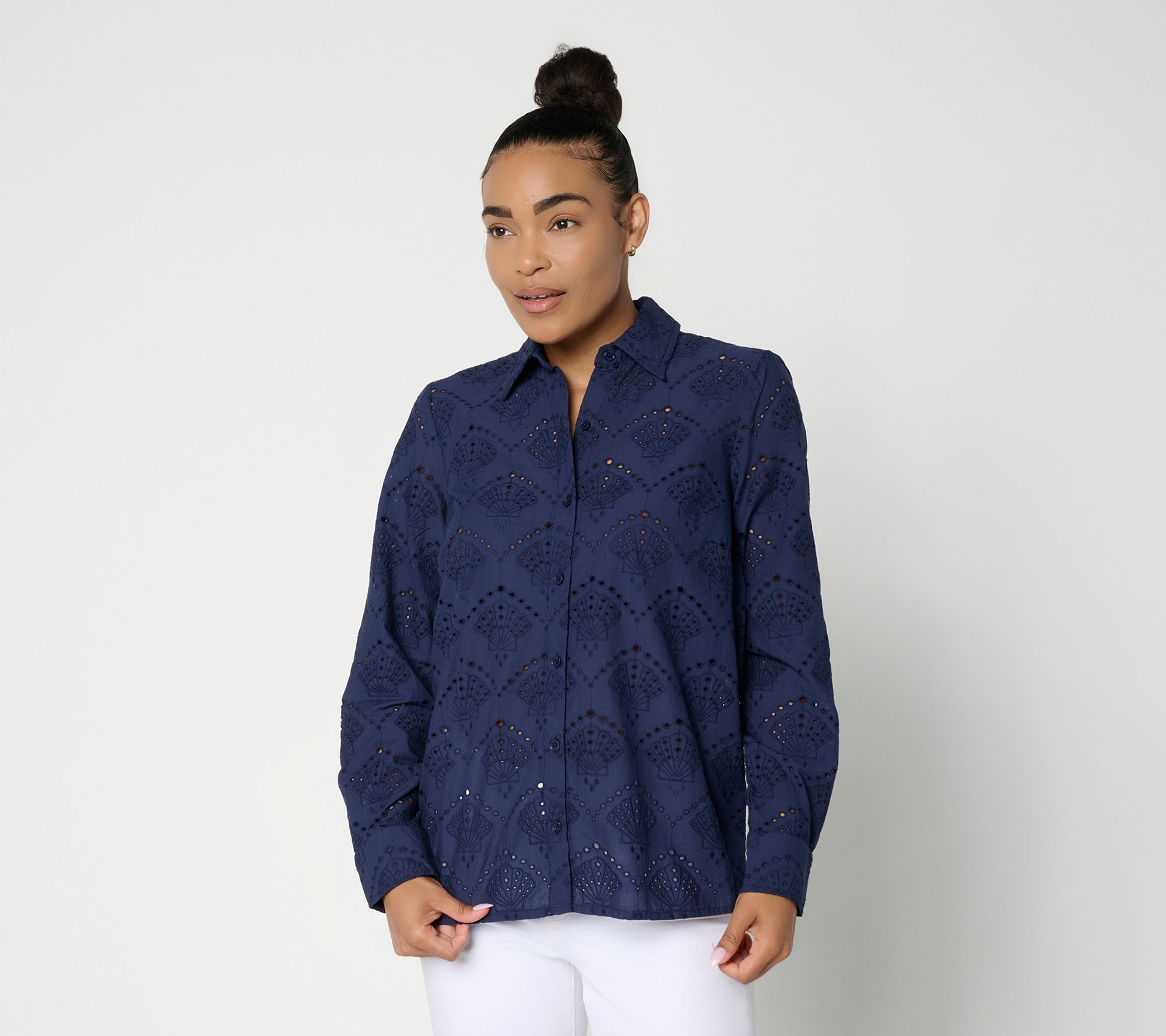 "As Is" Joan Rivers Long Sleeve Button Front Eyelet Collared Shirt
