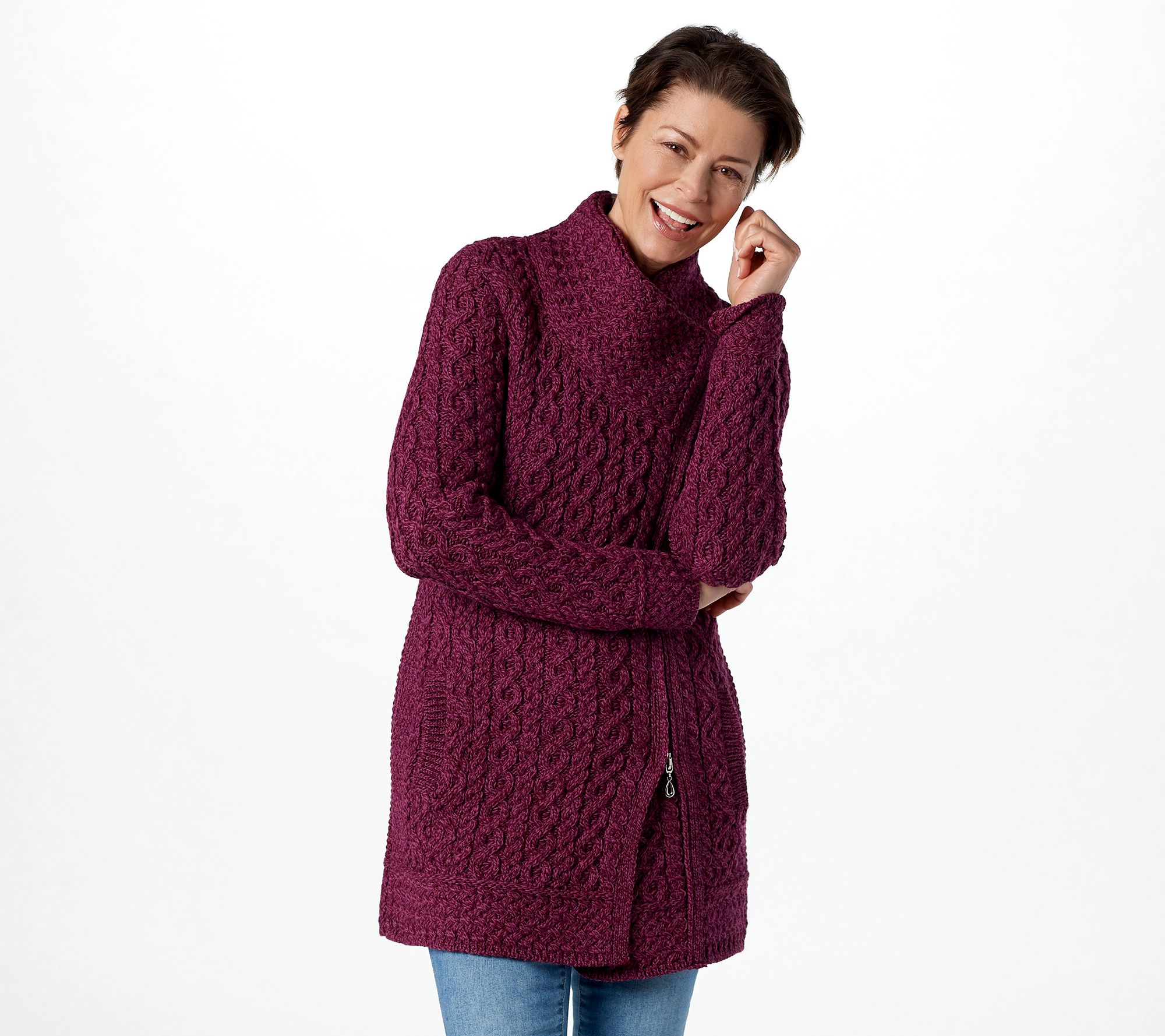Aran Craft Merino Wool Asymmetric Zip-Front Sweater - QVC.com