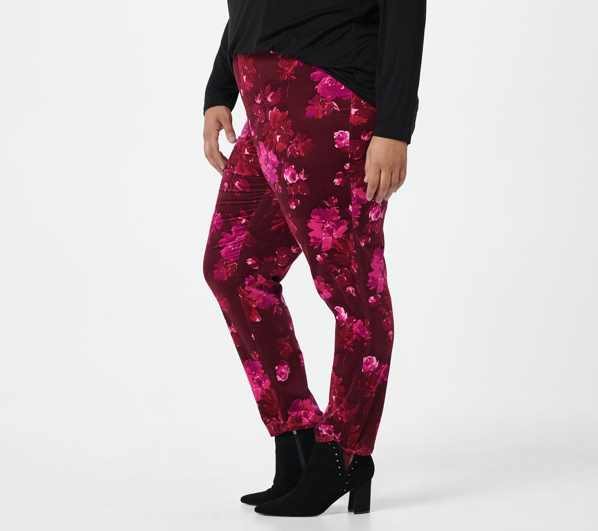 As Is Isaac Mizrahi Live! Petite Floral Printed Velvet Stirrup Pants |  